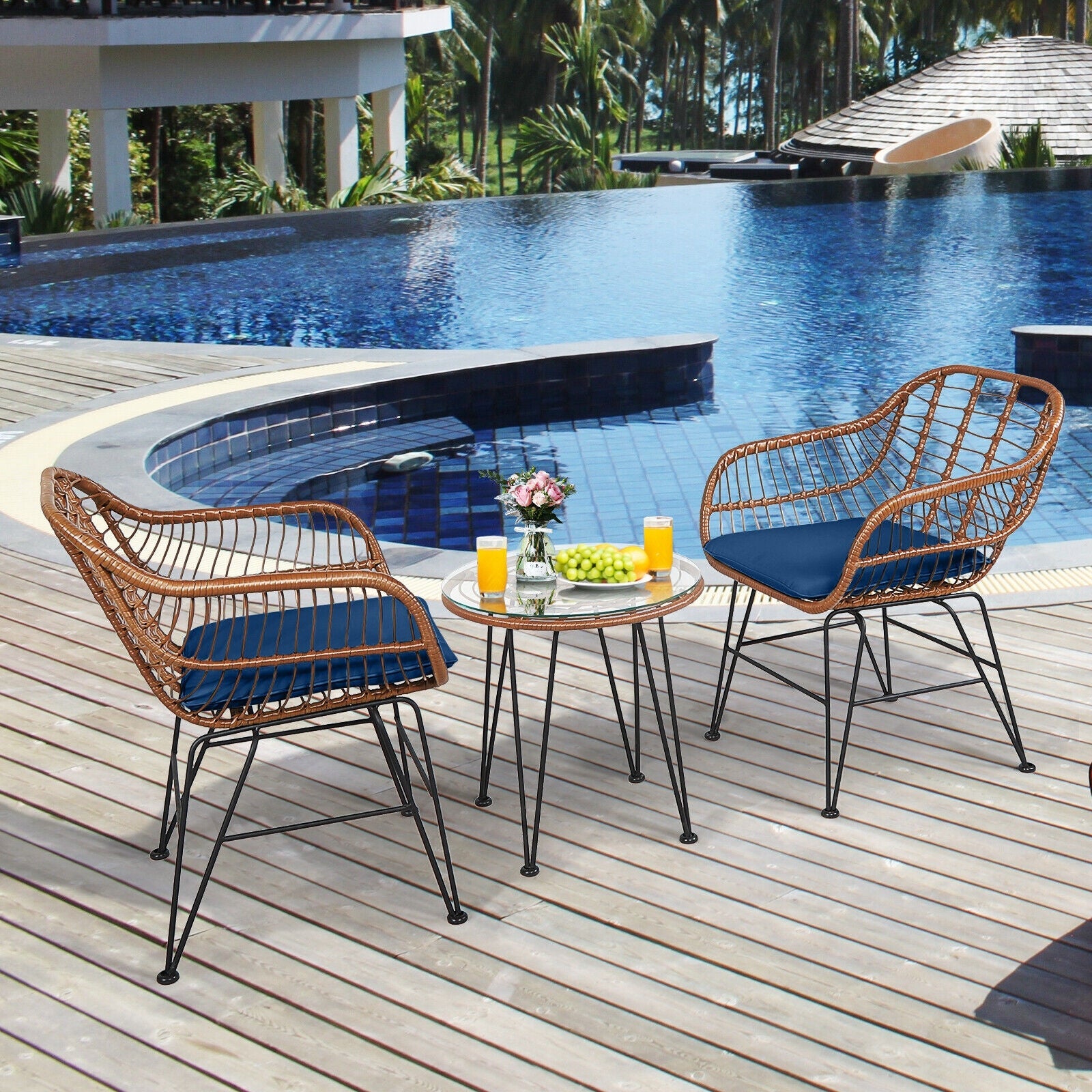 3 Pieces Patio Rattan Bistro Set with Cushion-Navy