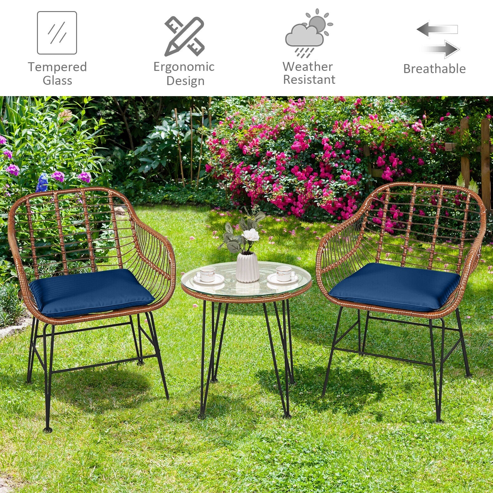 3 Pieces Patio Rattan Bistro Set with Cushion-Navy
