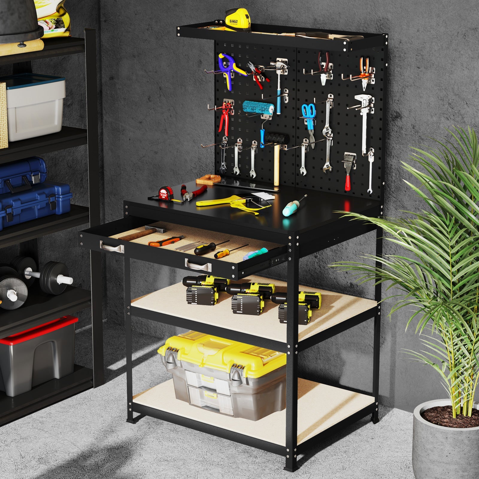 32 x 16 Inch Workbench Work Table with 2 PCs Pegboard Drawer and Shelves-Black