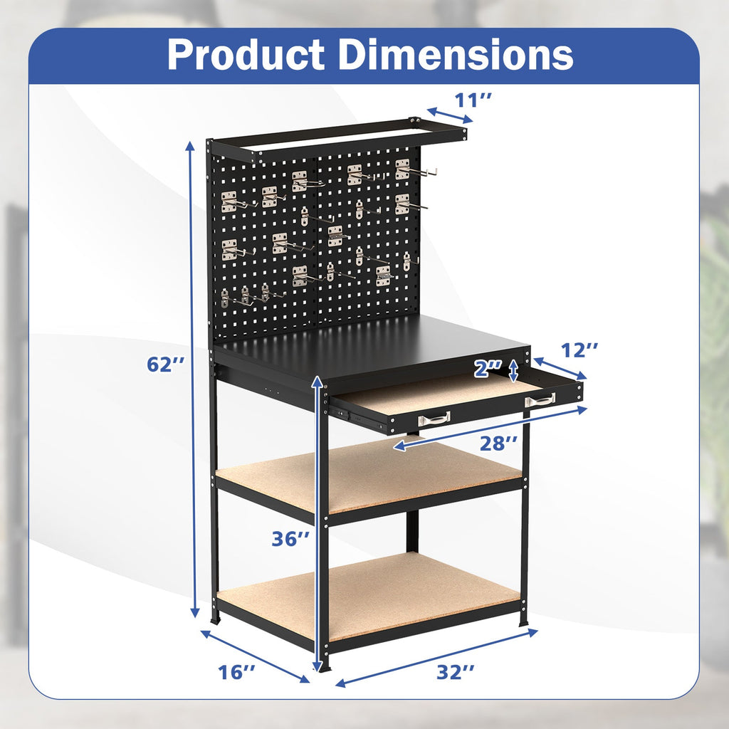 32 x 16 Inch Workbench Work Table with 2 PCs Pegboard Drawer and Shelves-Black
