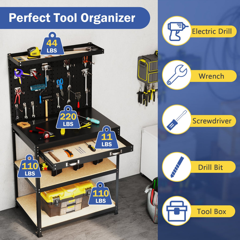 32 x 16 Inch Workbench Work Table with 2 PCs Pegboard Drawer and Shelves-Black
