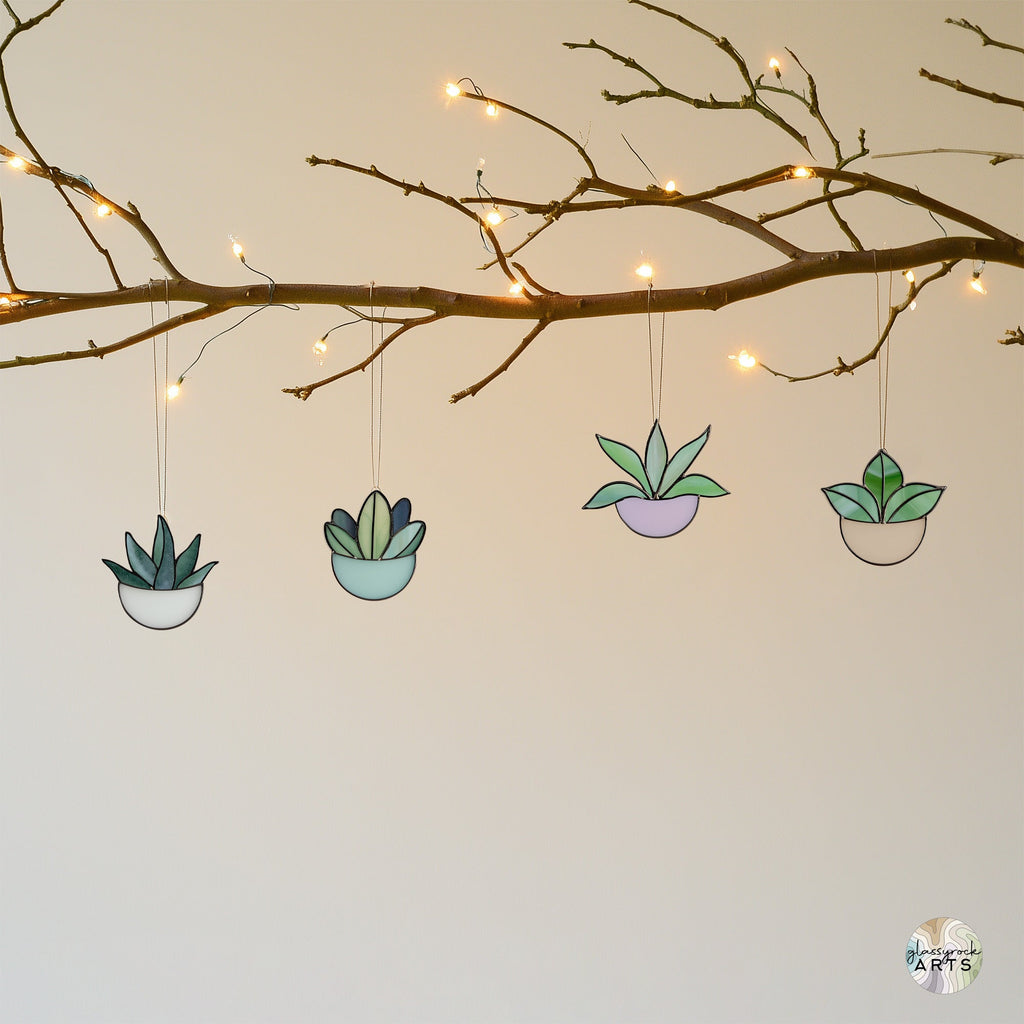Potted Plant Ornaments Stained Glass Patterns, 4-Pack, PDF & PNG