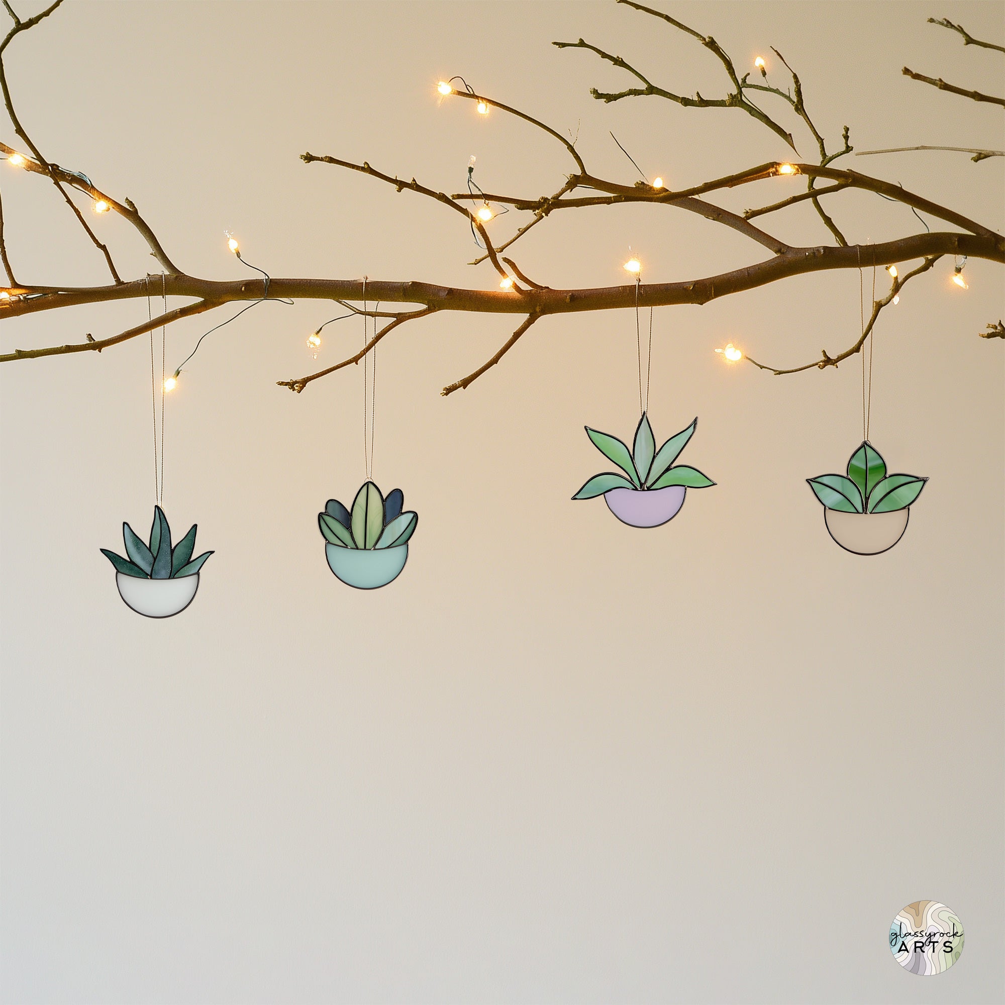Potted Plant Ornaments Stained Glass Patterns, 4-Pack, PDF & PNG
