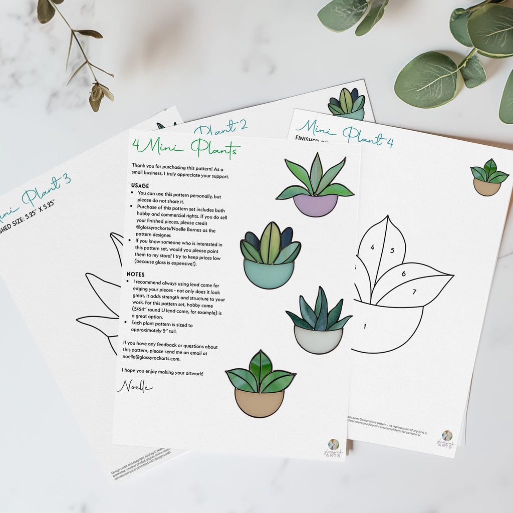 Potted Plant Ornaments Stained Glass Patterns, 4-Pack, PDF & PNG