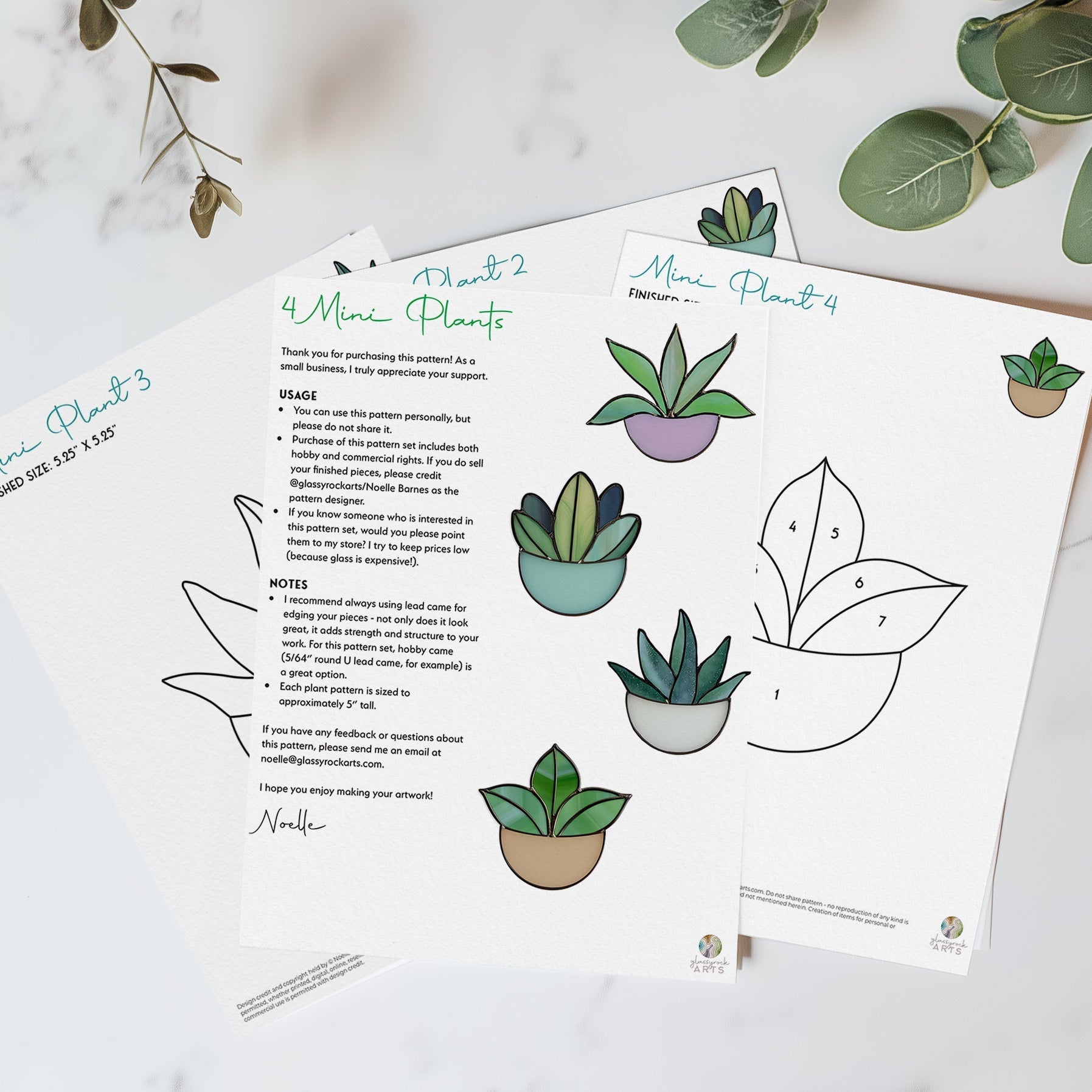 Potted Plant Ornaments Stained Glass Patterns, 4-Pack, PDF & PNG