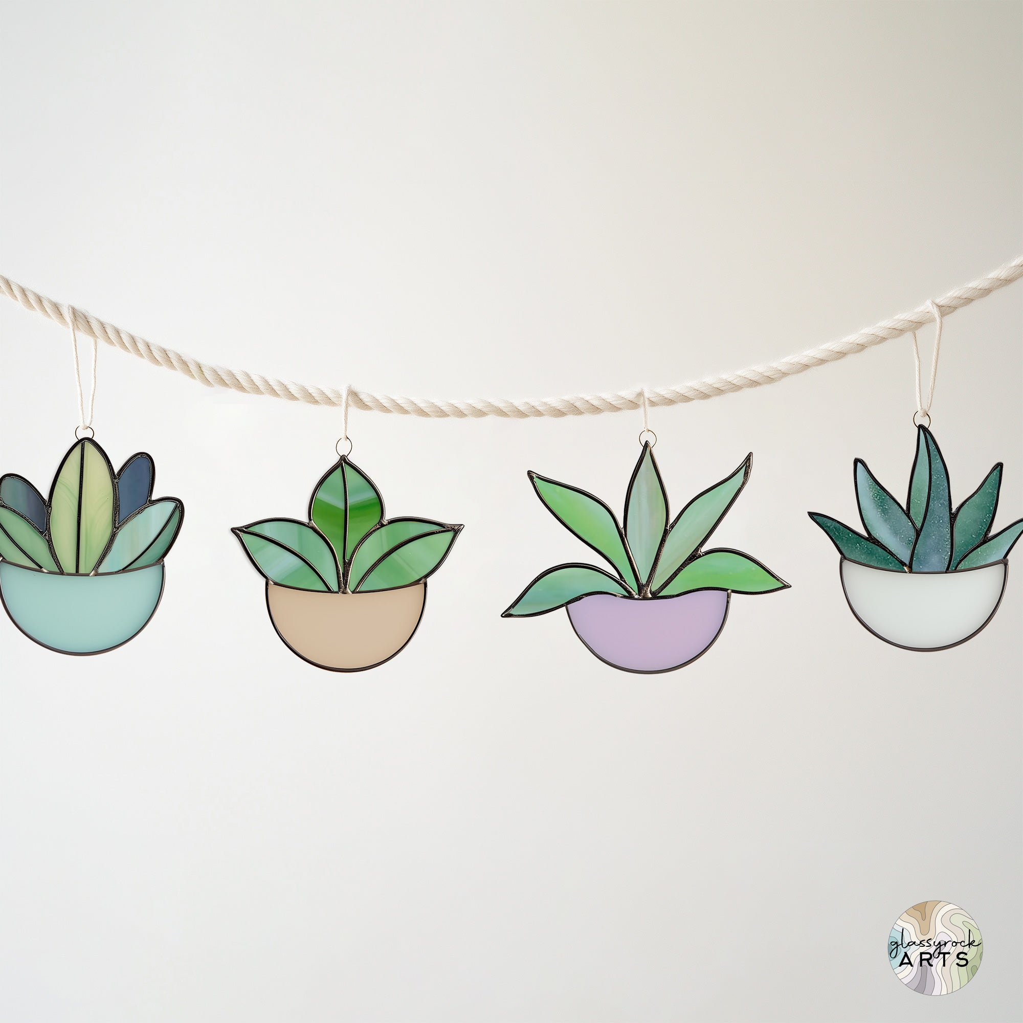 Potted Plant Ornaments Stained Glass Patterns, 4-Pack, PDF & PNG
