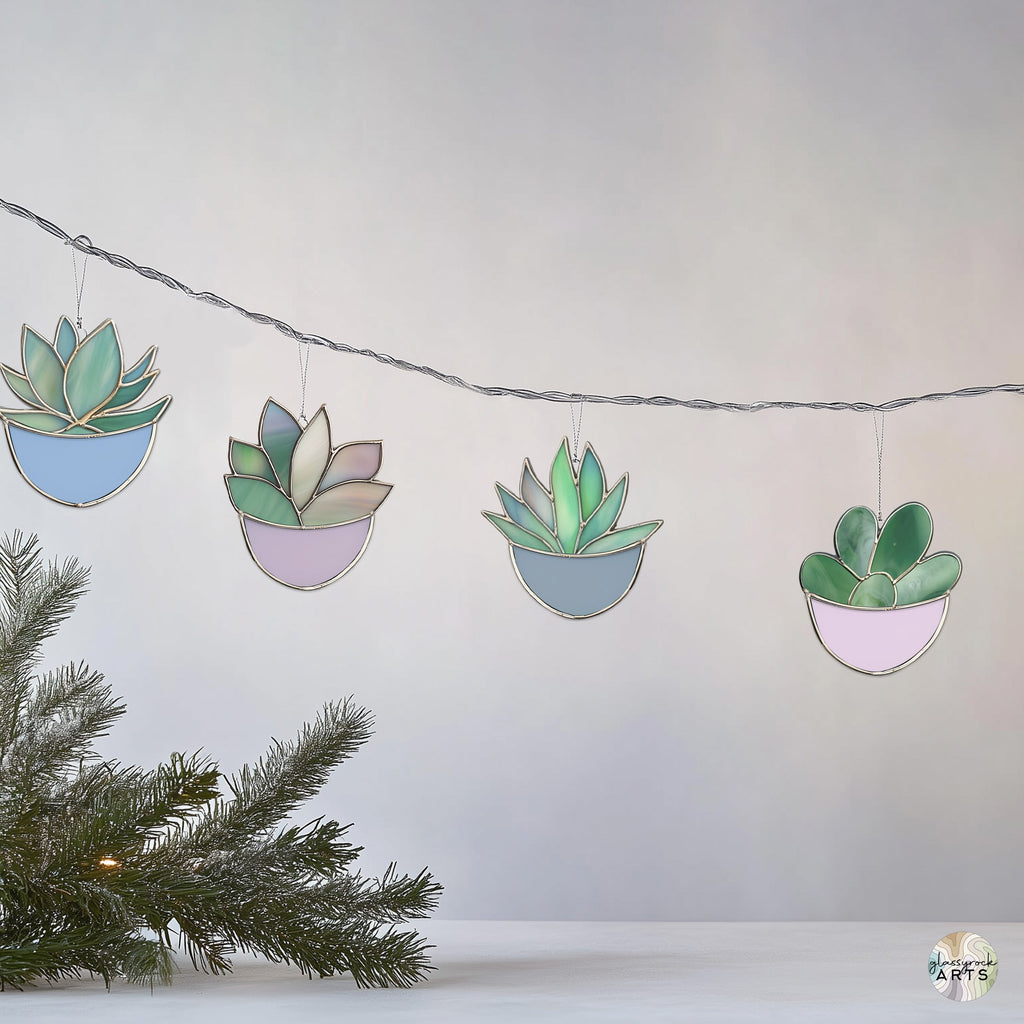 Succulent Ornaments Stained Glass Patterns, 4-Pack, PDF & PNG
