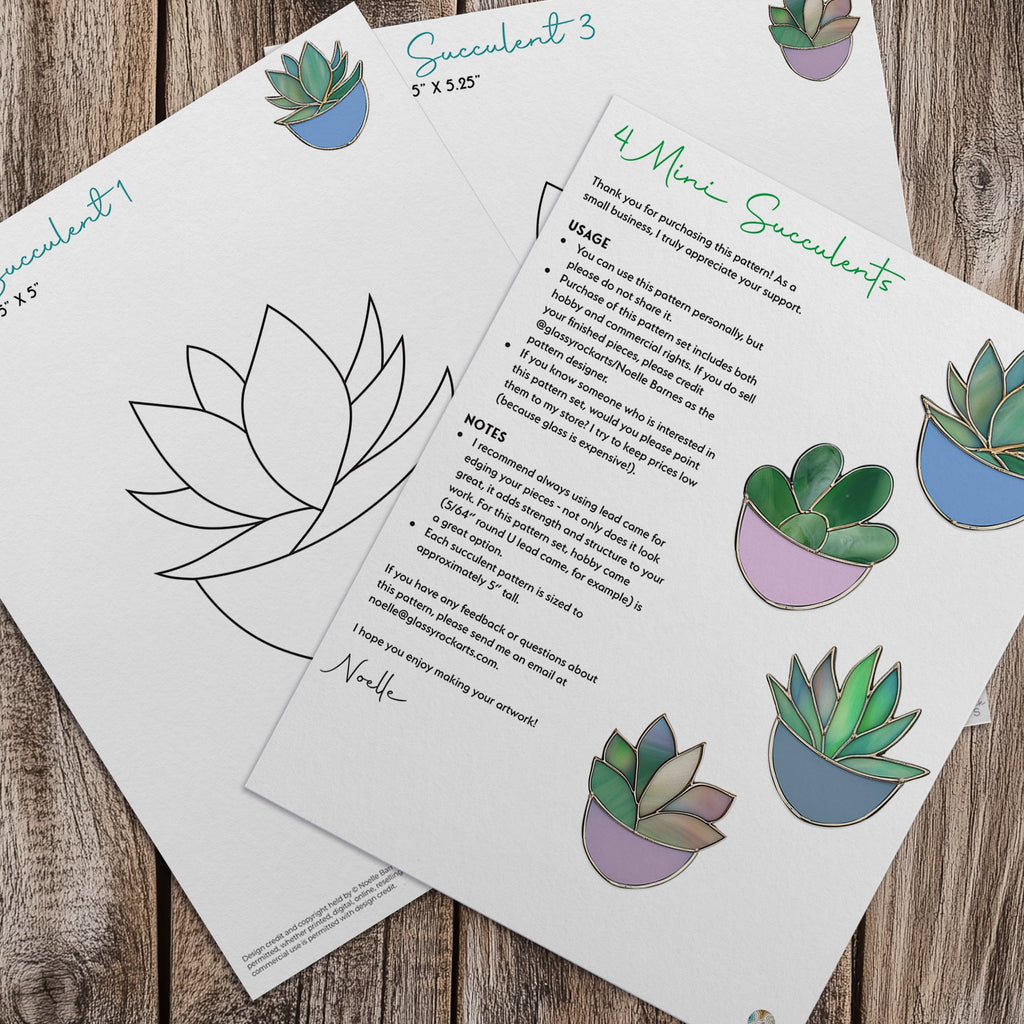 Succulent Ornaments Stained Glass Patterns, 4-Pack, PDF & PNG