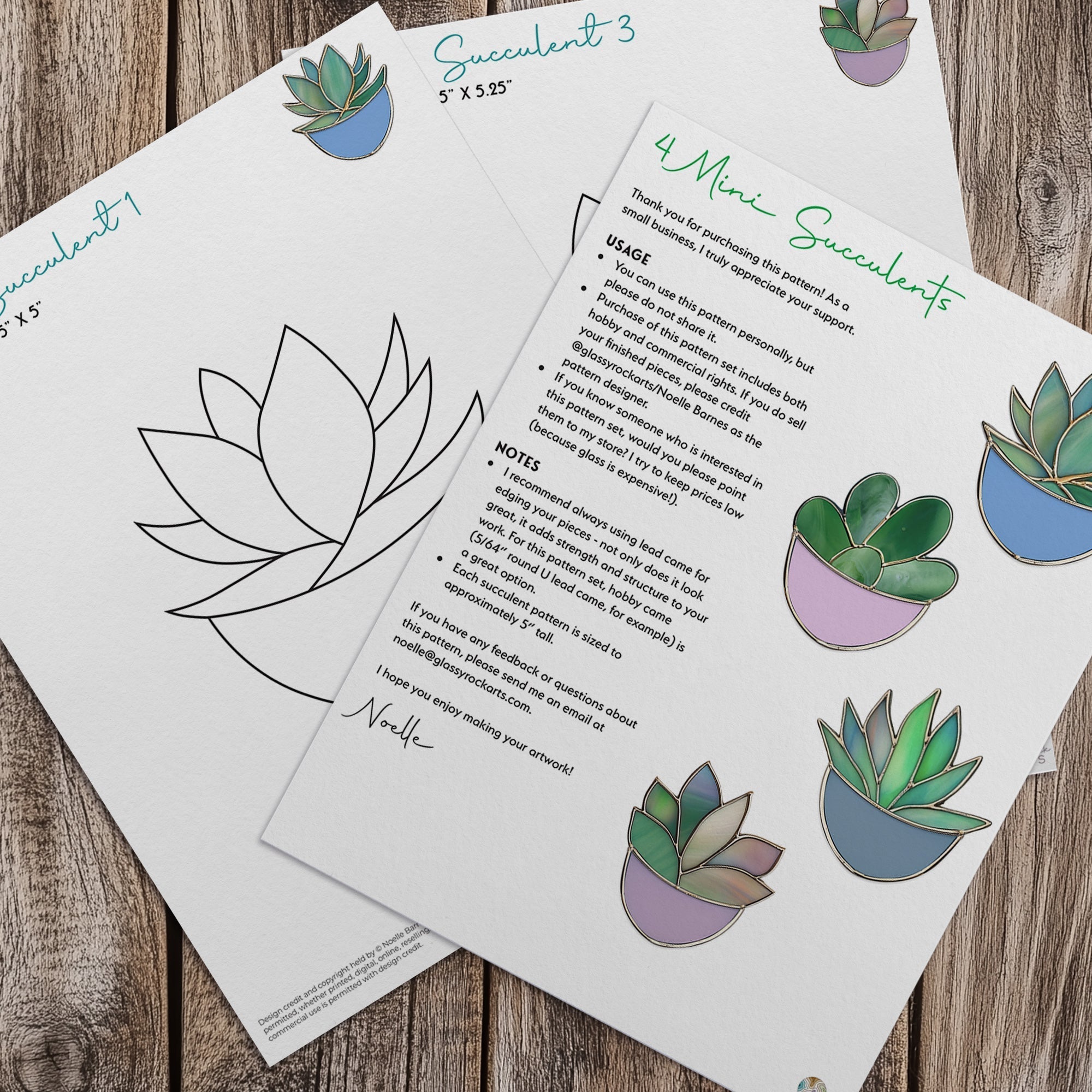 Succulent Ornaments Stained Glass Patterns, 4-Pack, PDF & PNG