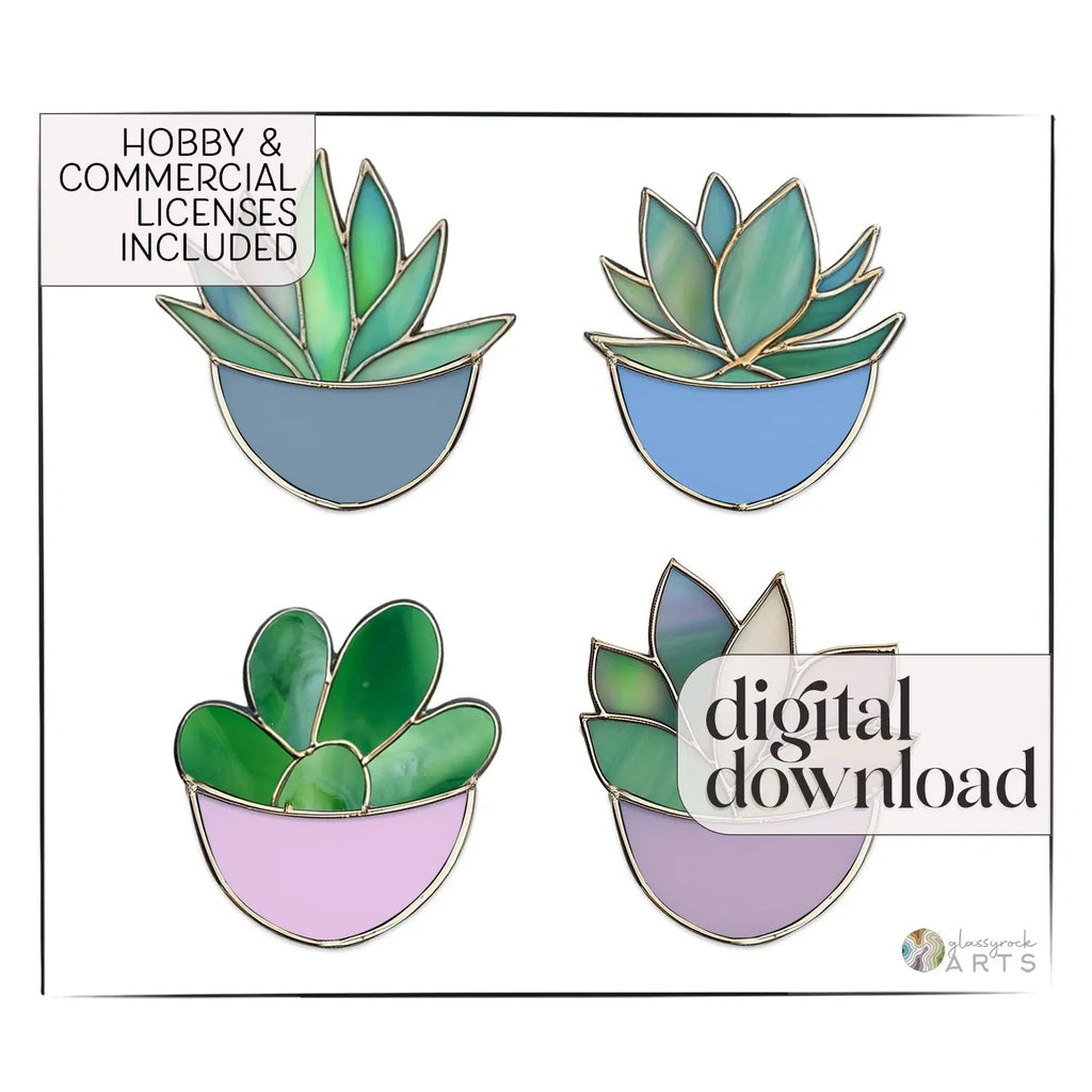 Succulent Ornaments Stained Glass Patterns, 4-Pack, PDF & PNG