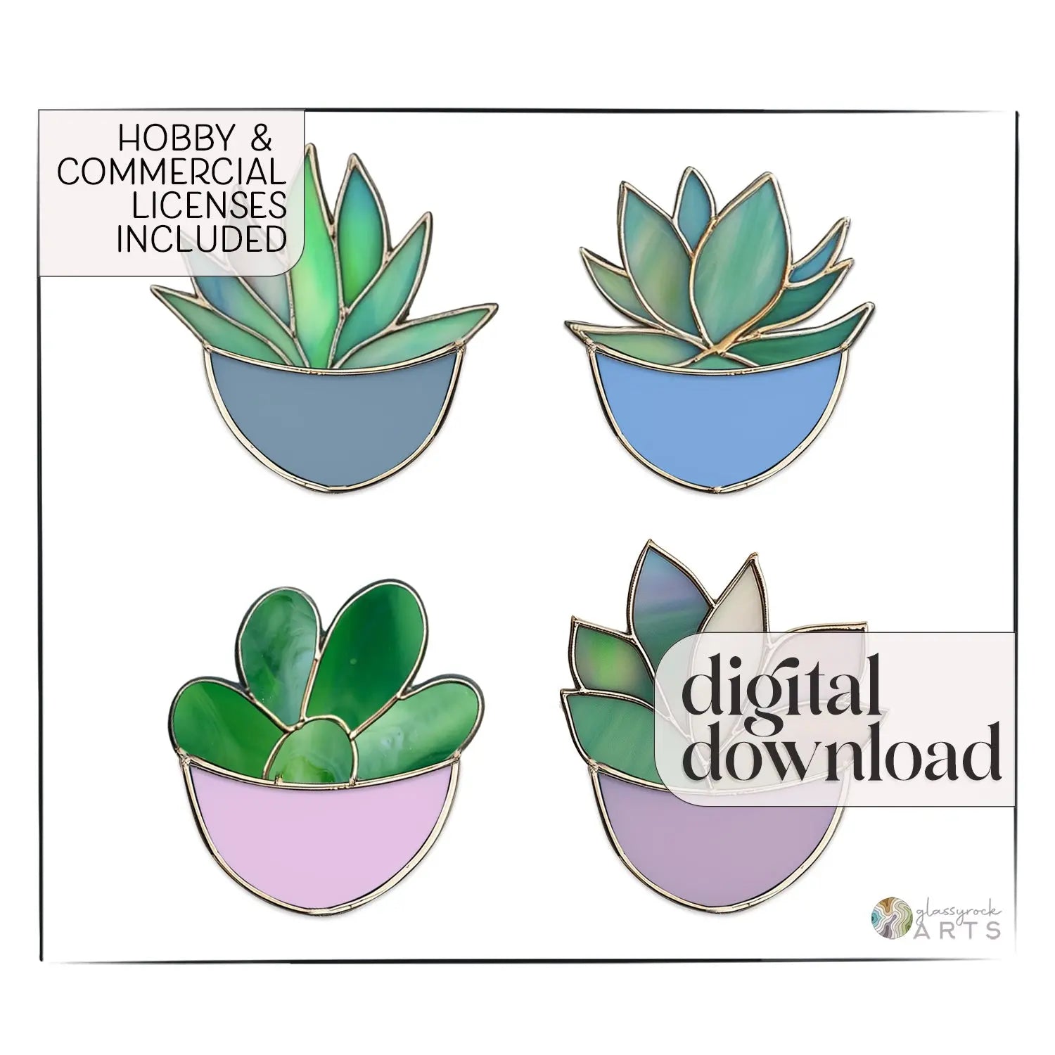 Succulent Ornaments Stained Glass Patterns, 4-Pack, PDF & PNG
