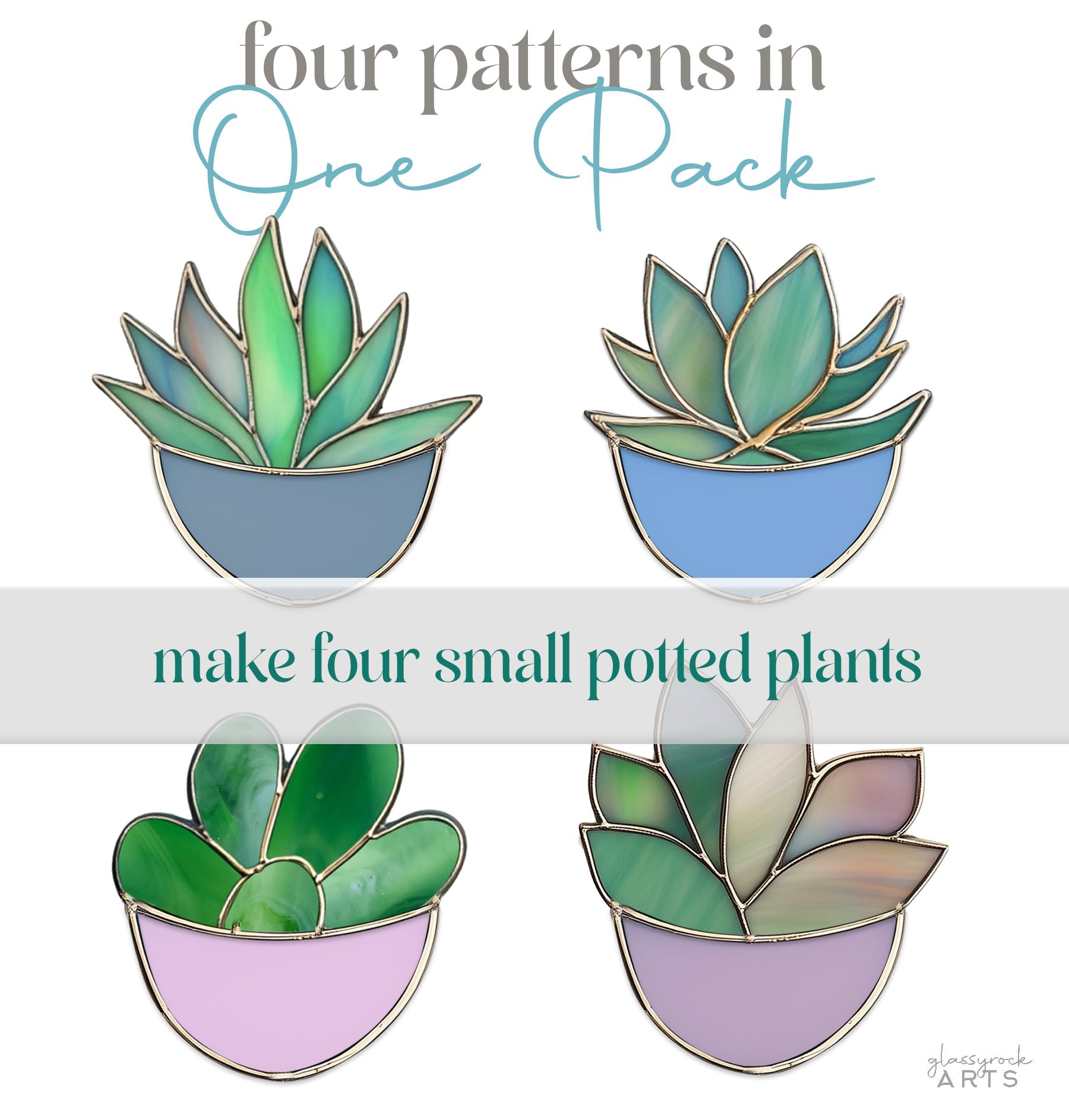 Succulent Ornaments Stained Glass Patterns, 4-Pack, PDF & PNG