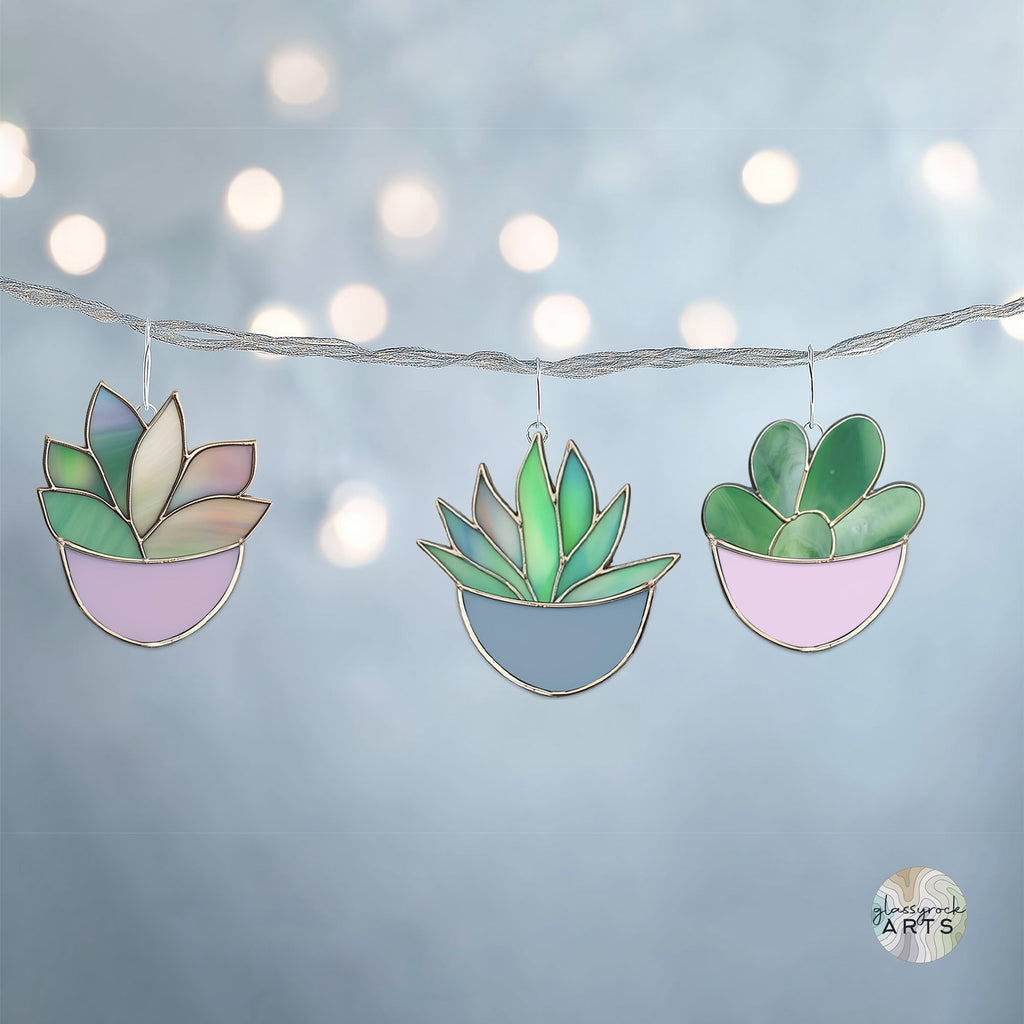 Succulent Ornaments Stained Glass Patterns, 4-Pack, PDF & PNG