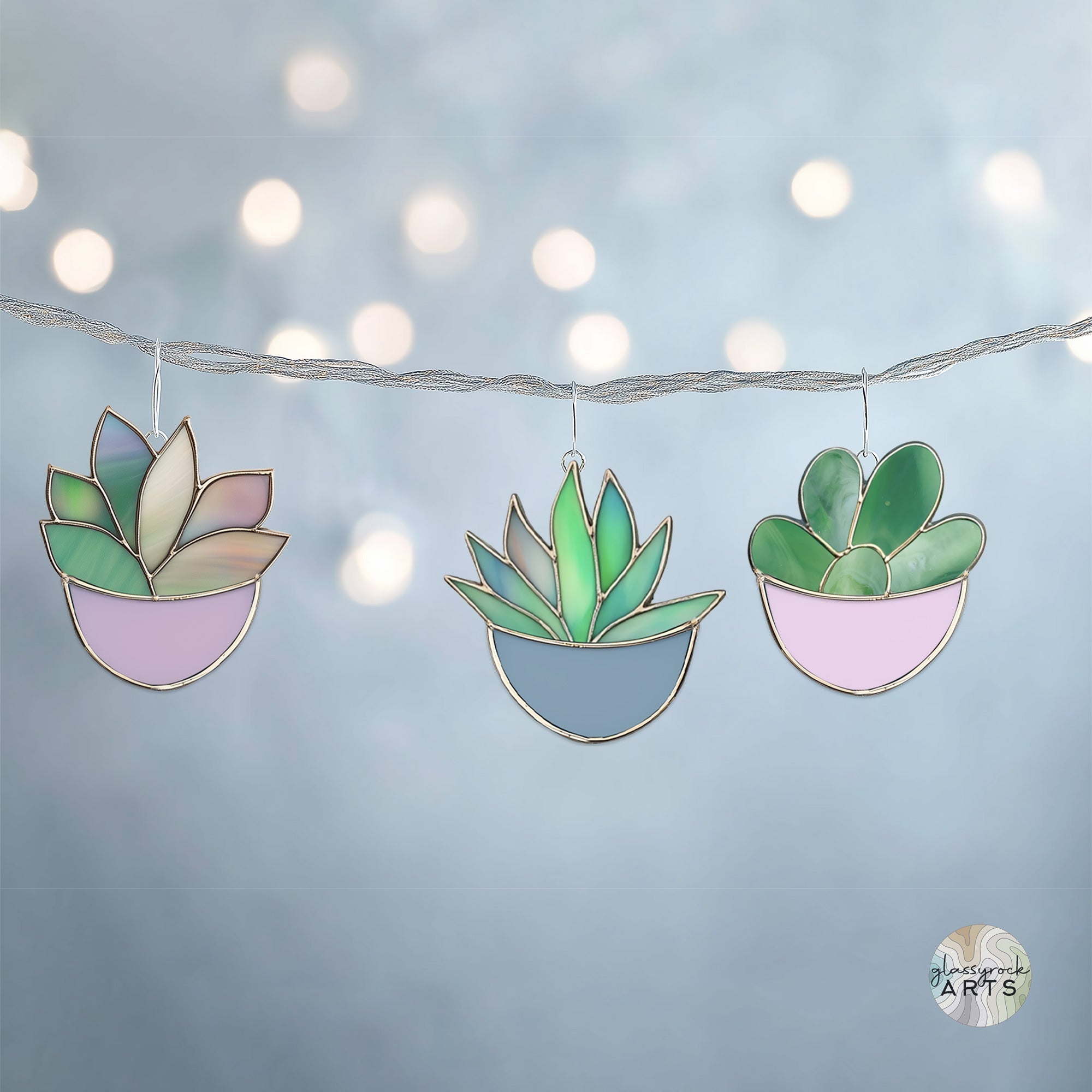 Succulent Ornaments Stained Glass Patterns, 4-Pack, PDF & PNG