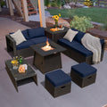 9 Piece Weatherproof Rattan Patio Conversation Set with 30 Inches Propane Fire Pit Table and Dust Covers-Navy