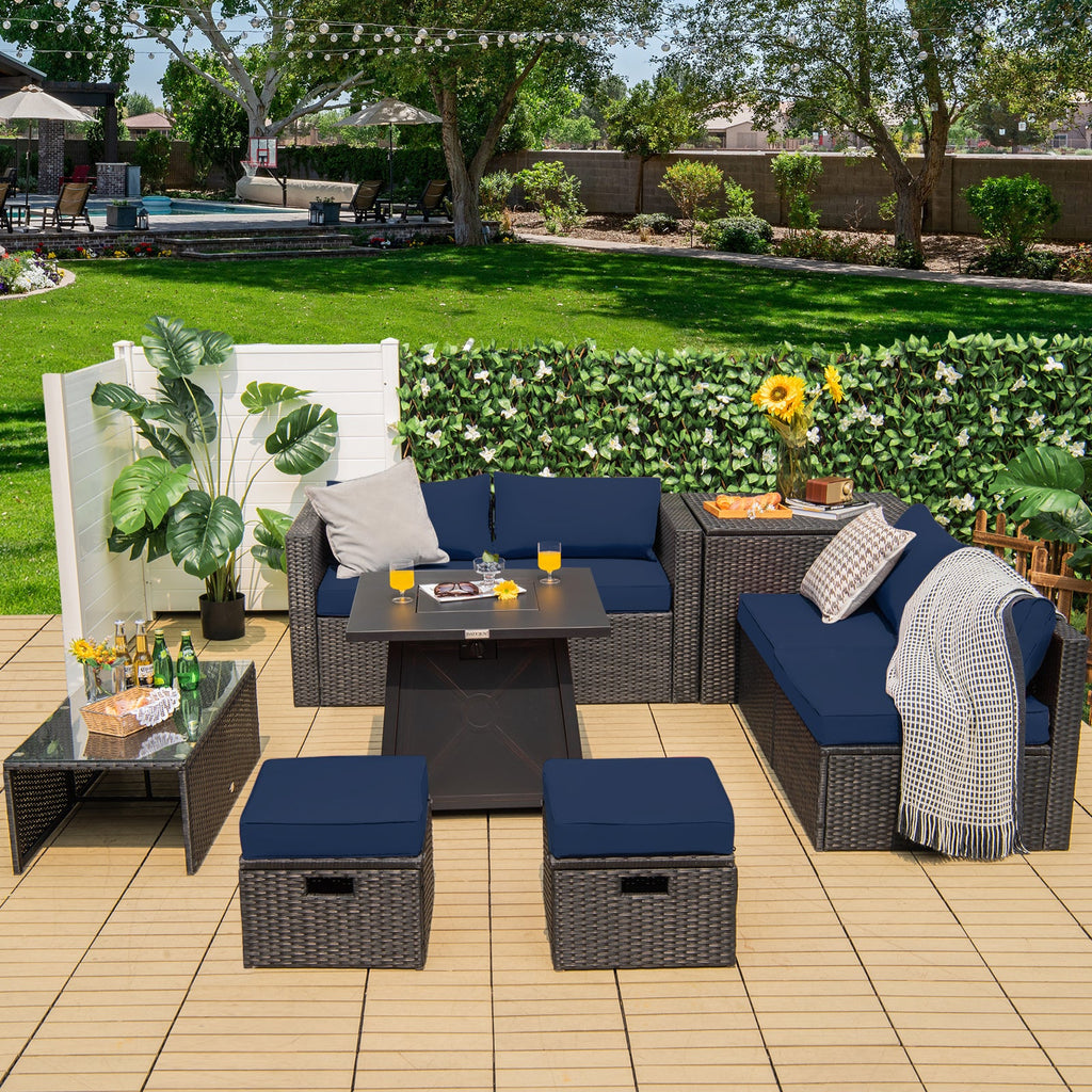 9 Piece Weatherproof Rattan Patio Conversation Set with 30 Inches Propane Fire Pit Table and Dust Covers-Navy