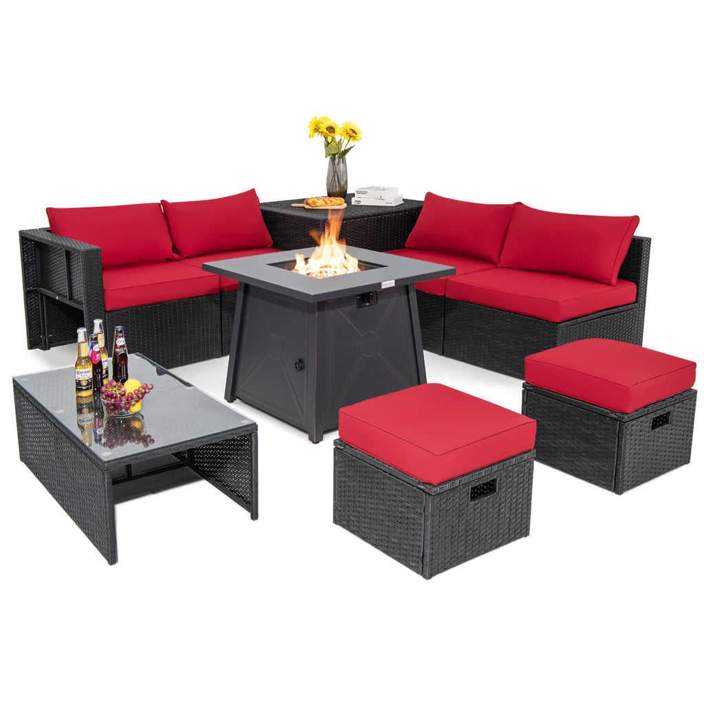 9 Piece Weatherproof Rattan Patio Conversation Set with 30 Inches Propane Fire Pit Table and Dust Covers-Red