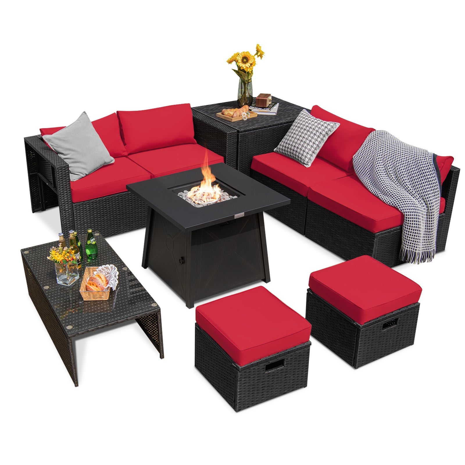 9 Piece Weatherproof Rattan Patio Conversation Set with 30 Inches Propane Fire Pit Table and Dust Covers-Red