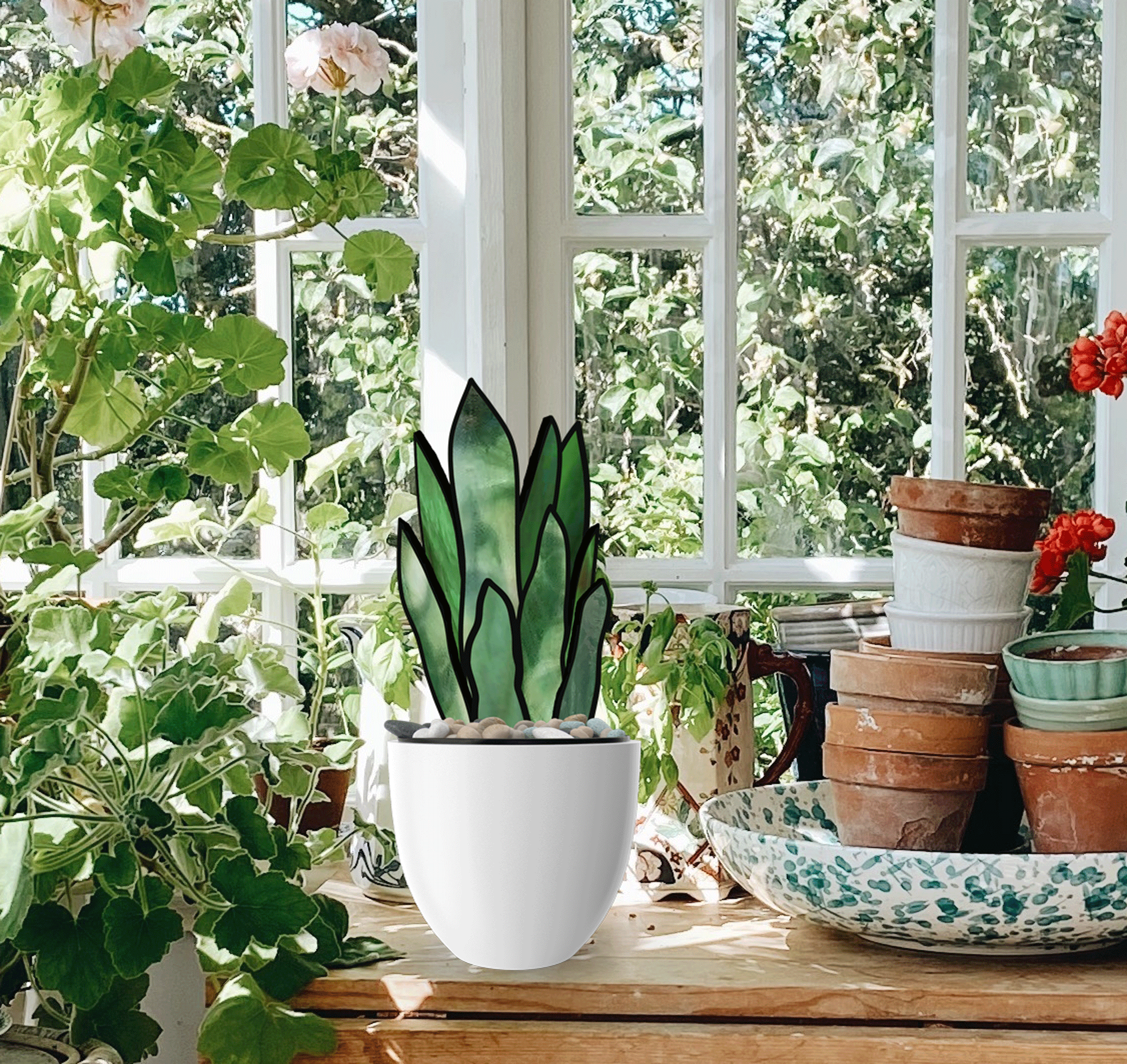 3D Snake Plant Leaves Stained Glass Pattern