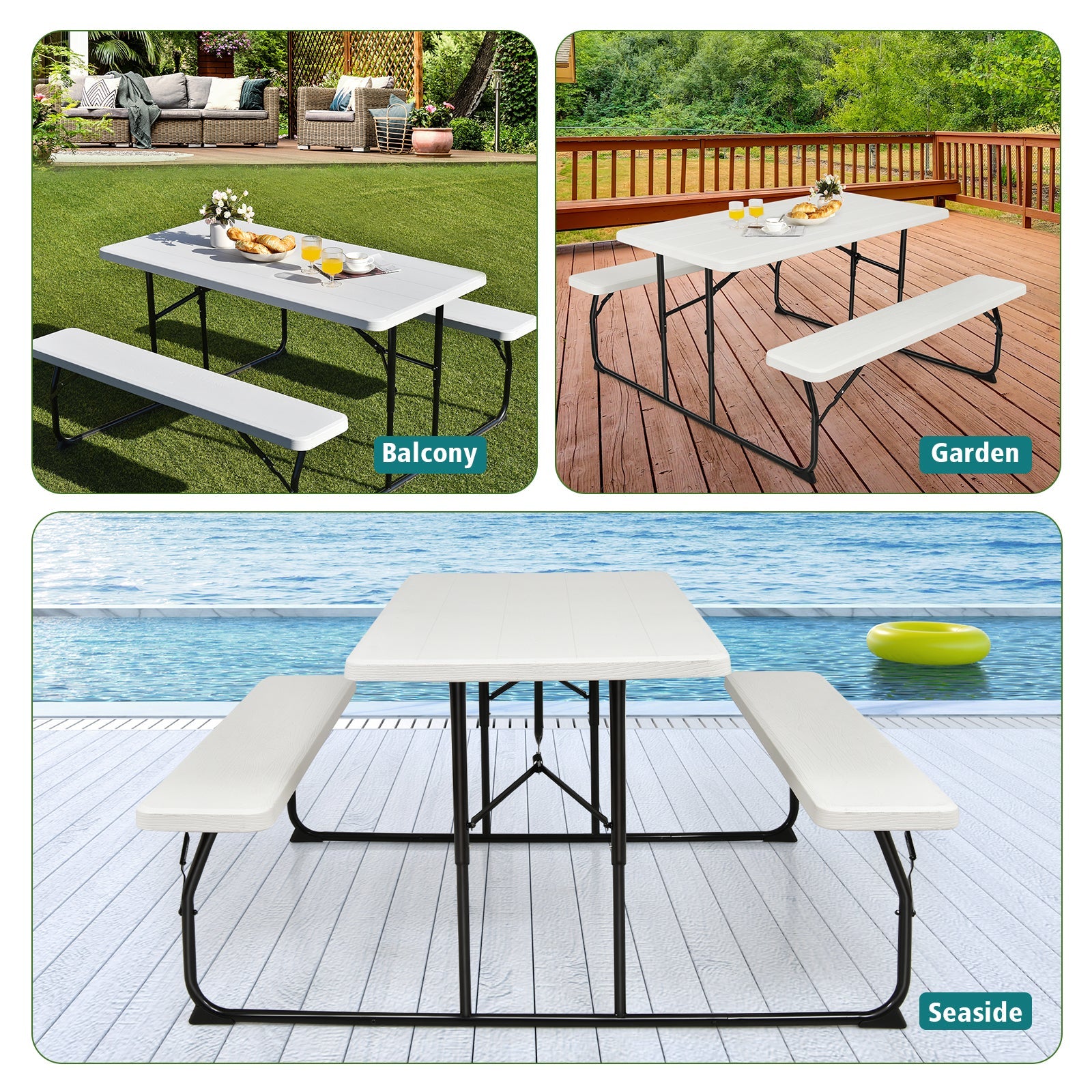 Indoor and Outdoor Folding Picnic Table Bench Set with Wood-like Texture-White