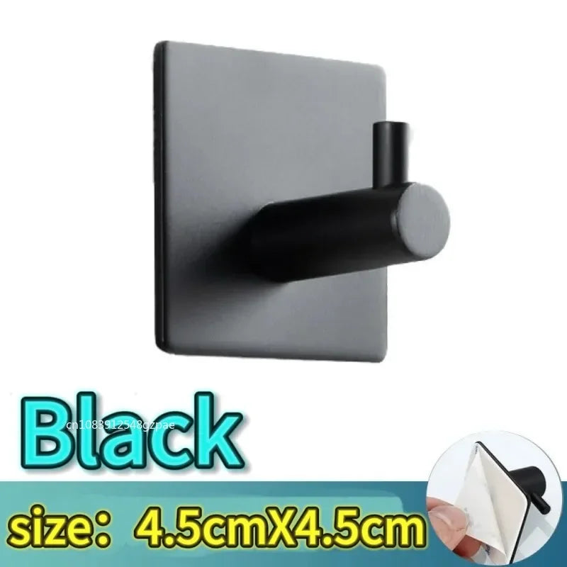 Strong Adhesive Wall Hooks - Nail-Free Stainless Steel Coat, Robe & Towel Hangers, 1/2/4/6/10-Pack (Black)