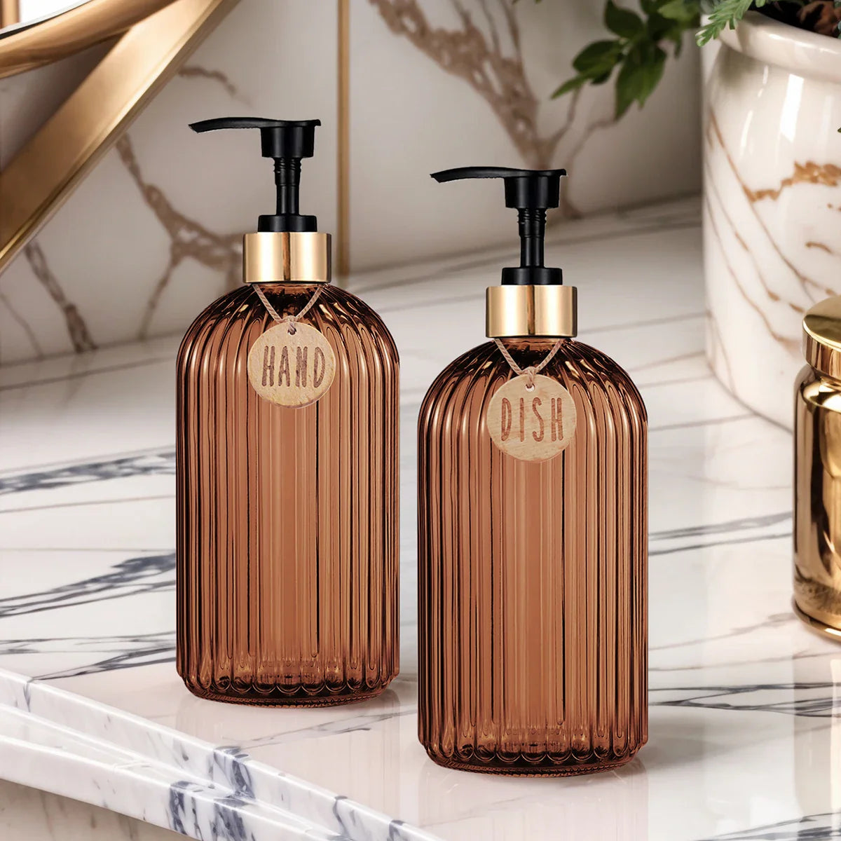 Amber Refillable Dish & Hand Soap Dispenser 500ml (16.9oz) Pump Bottle for Kitchen and Bathroom