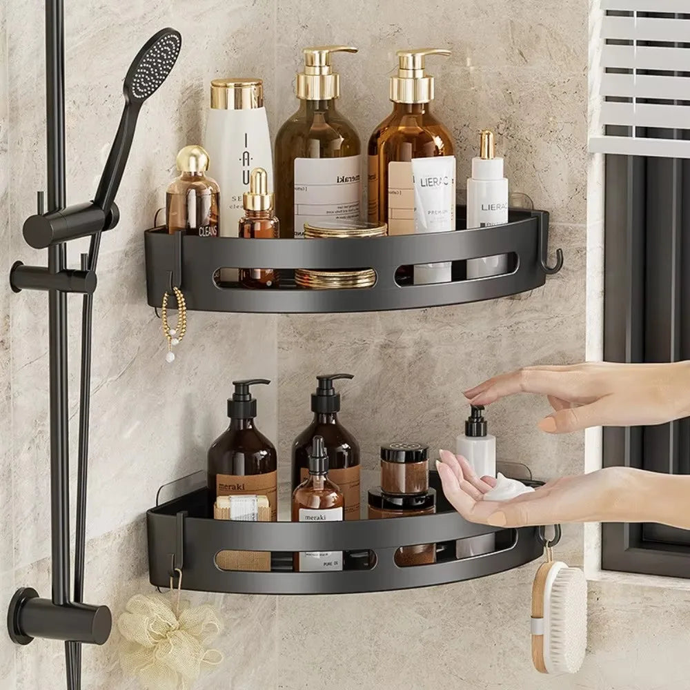 3/2/1-Pack No-Drill Adhesive Corner Shower Caddy – Wall-Mounted Bathroom Shelf for Shampoo & Towels, Space Aluminum & Plastic, Black