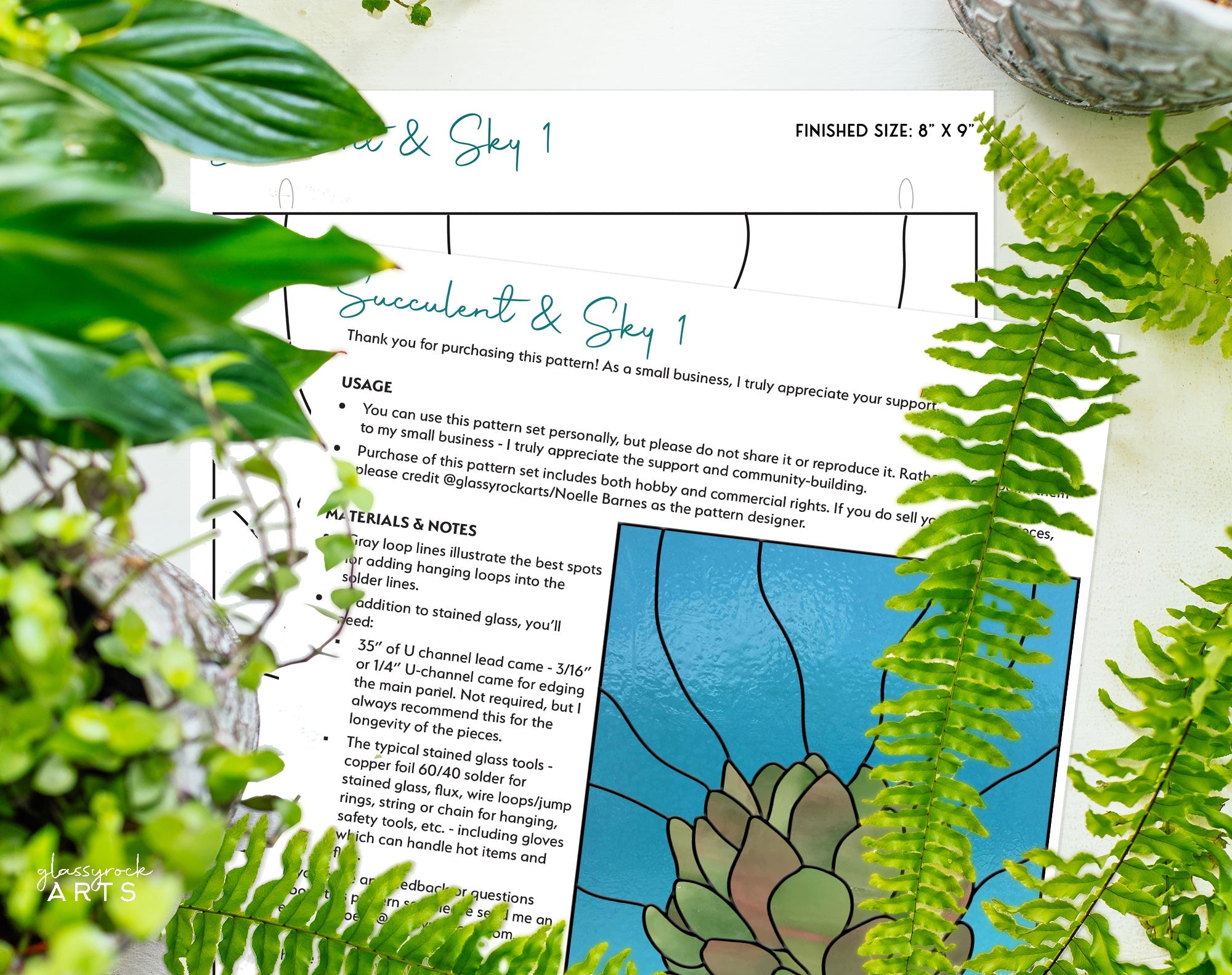 Echeveria Succulent Stained Glass Panel Pattern PDF & PNG