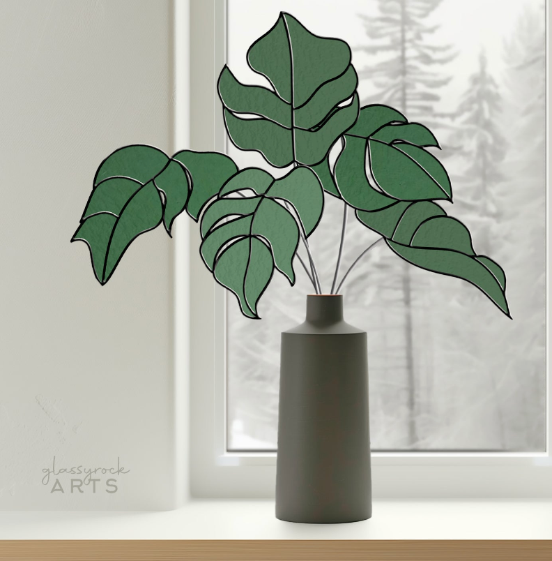 Monstera Leaves on Stems Stained Glass Patterns