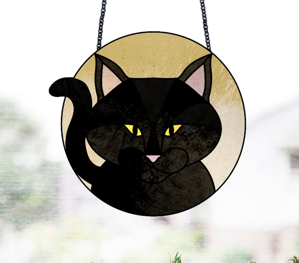 Full Moon Halloween Black Cat Stained Glass Pattern