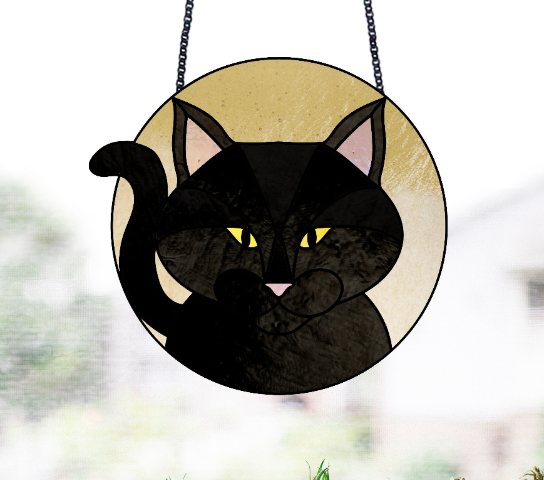 Full Moon Halloween Black Cat Stained Glass Pattern