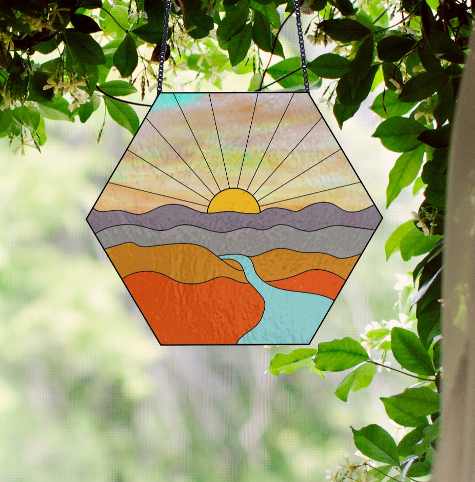 Sunset Landscape Hexagon Stained Glass Pattern