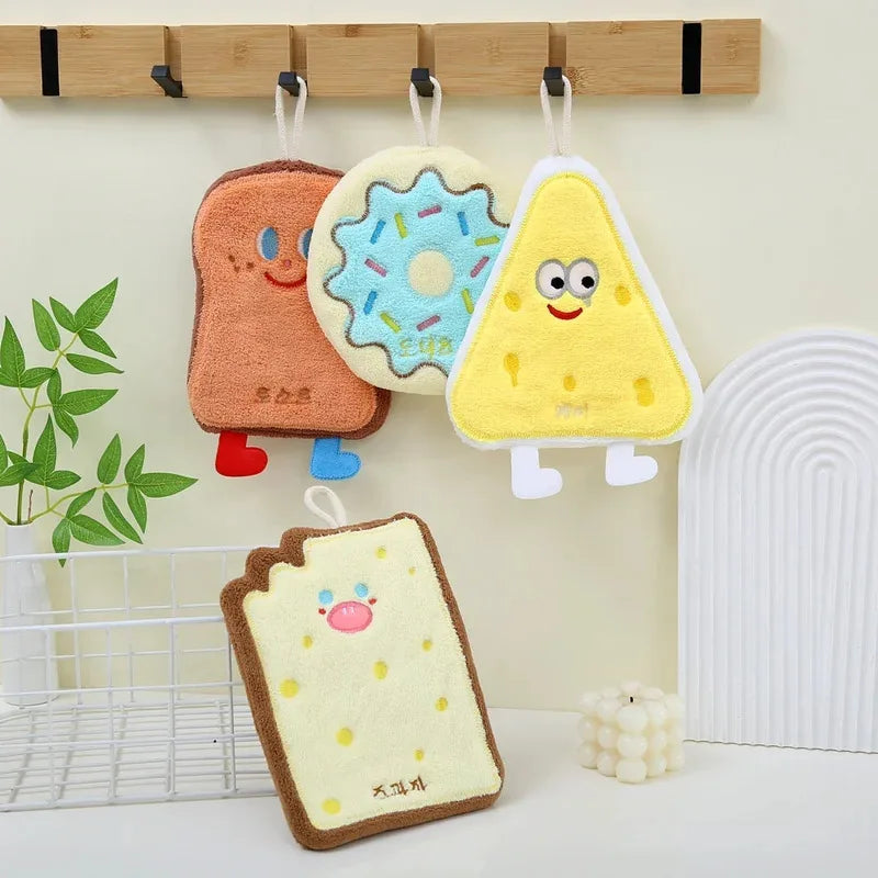Triple-Layer Coral Fleece Hanging Hand Towel 27 x 22 cm (10.6 x 8.7 in) Super Soft Absorbent Cartoon Kitchen & Bathroom Towel with Hanging Loop