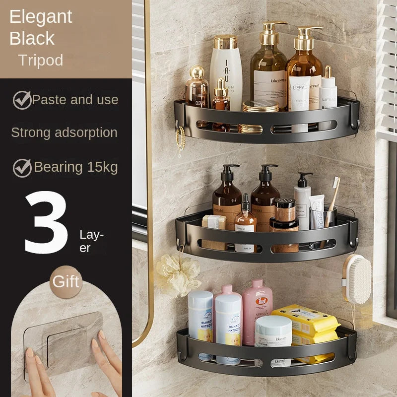 3/2/1-Pack No-Drill Adhesive Corner Shower Caddy – Wall-Mounted Bathroom Shelf for Shampoo & Towels, Space Aluminum & Plastic, Black