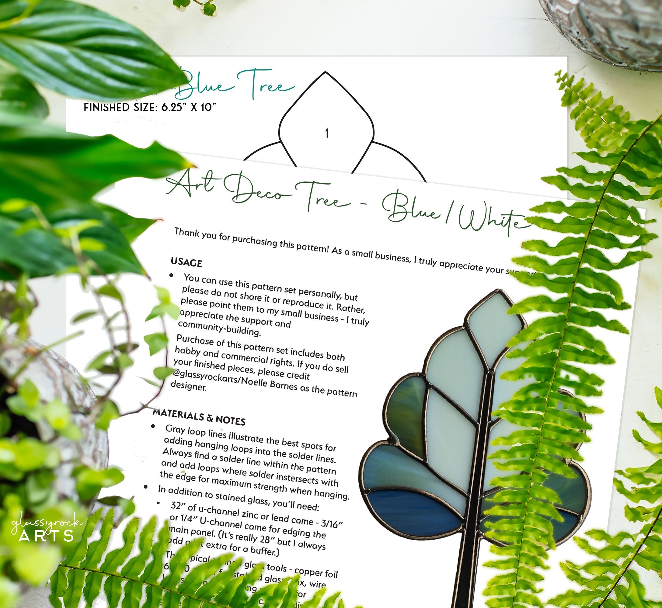 Art Deco Trees Stained Glass Pattern - Blue & White