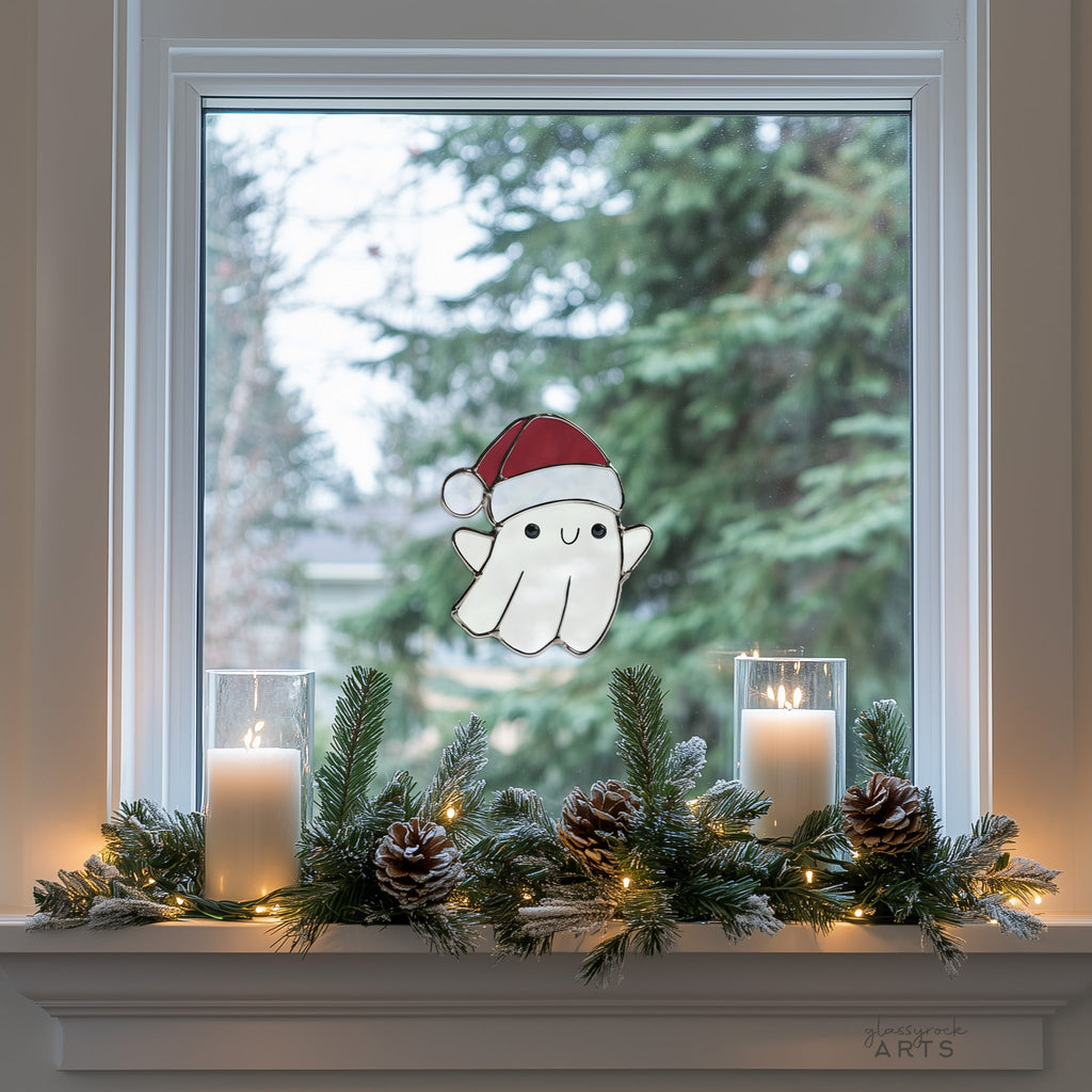 Cute Christmas Ghost Stained Glass Pattern and PNG