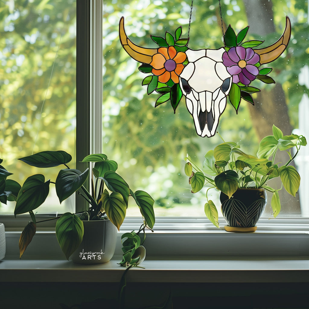 Cow Skull Floral Stained Glass Pattern