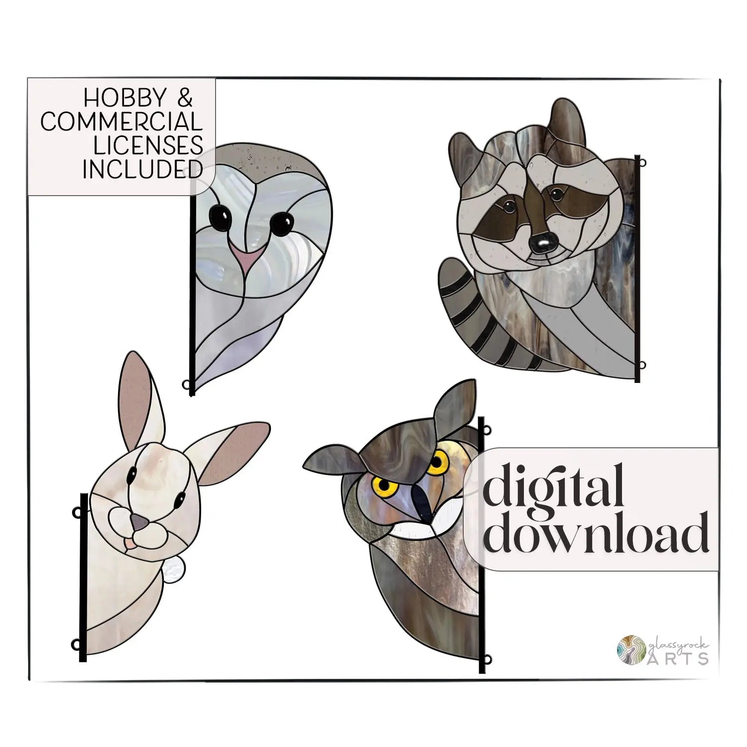 Owls, Racoon, Bunny - Animal Stained Glass Patterns