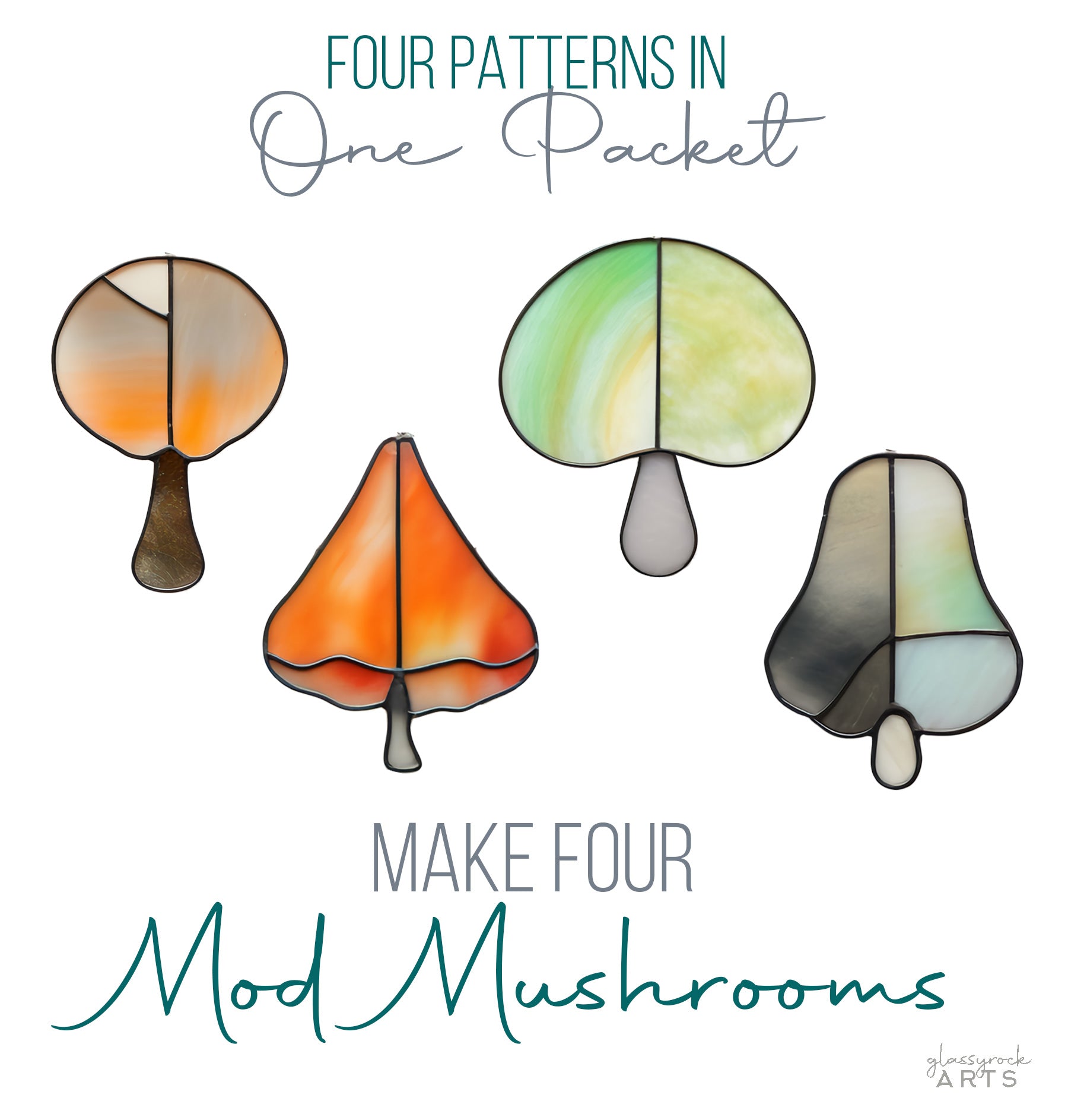 Easy MCM Mushroom Stained Glass Patterns 4-Pack