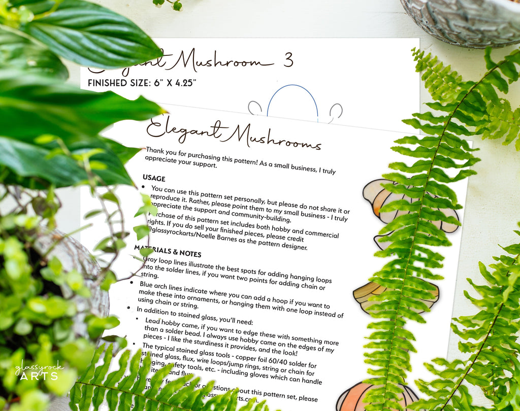 Elegant Mushroom Stained Glass, 3 Patterns, PDF & PNG