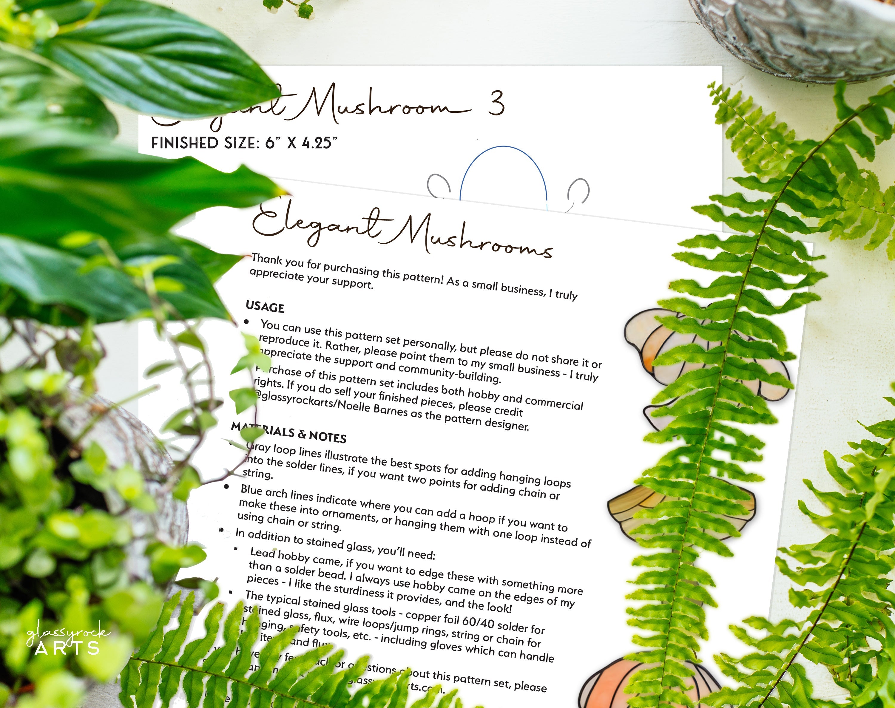 Elegant Mushroom Stained Glass, 3 Patterns, PDF & PNG
