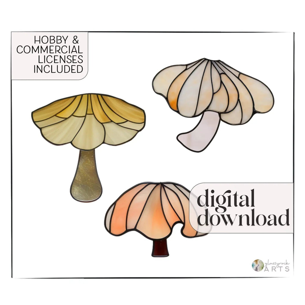 Elegant Mushroom Stained Glass, 3 Patterns, PDF & PNG