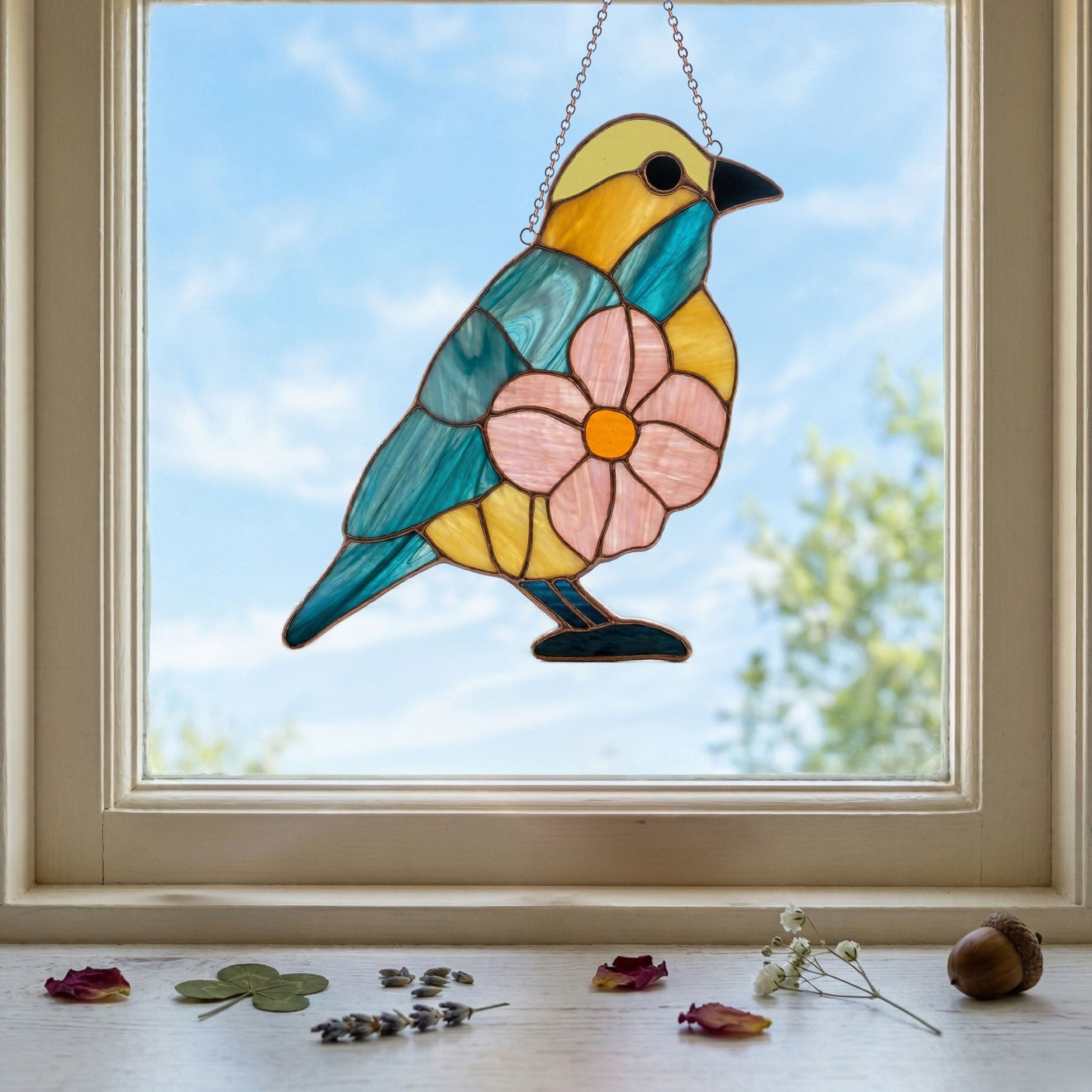 Flower Bird Stained Glass Pattern and PNG