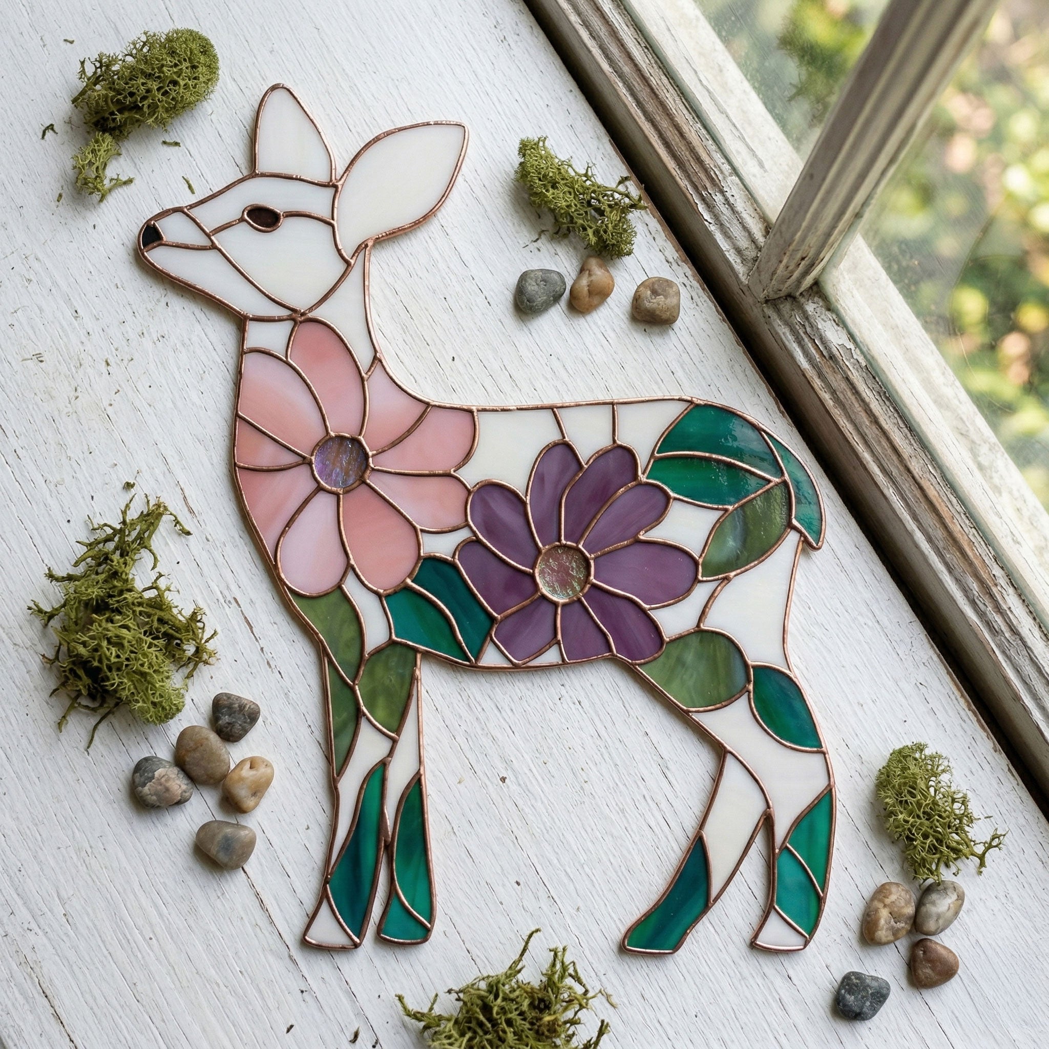 Flower Deer Stained Glass Pattern and PNG