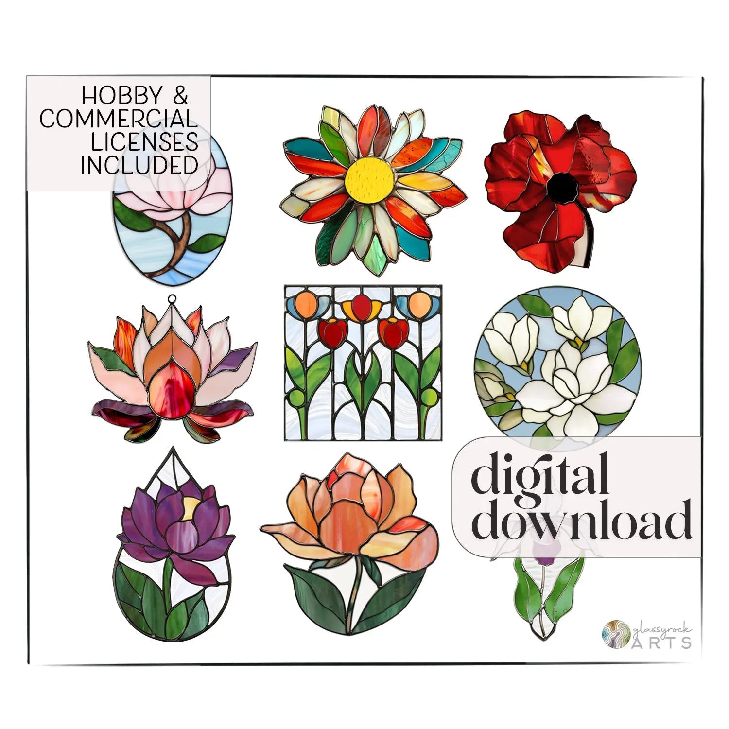Flowers Stained Glass Pattern Pack of 9