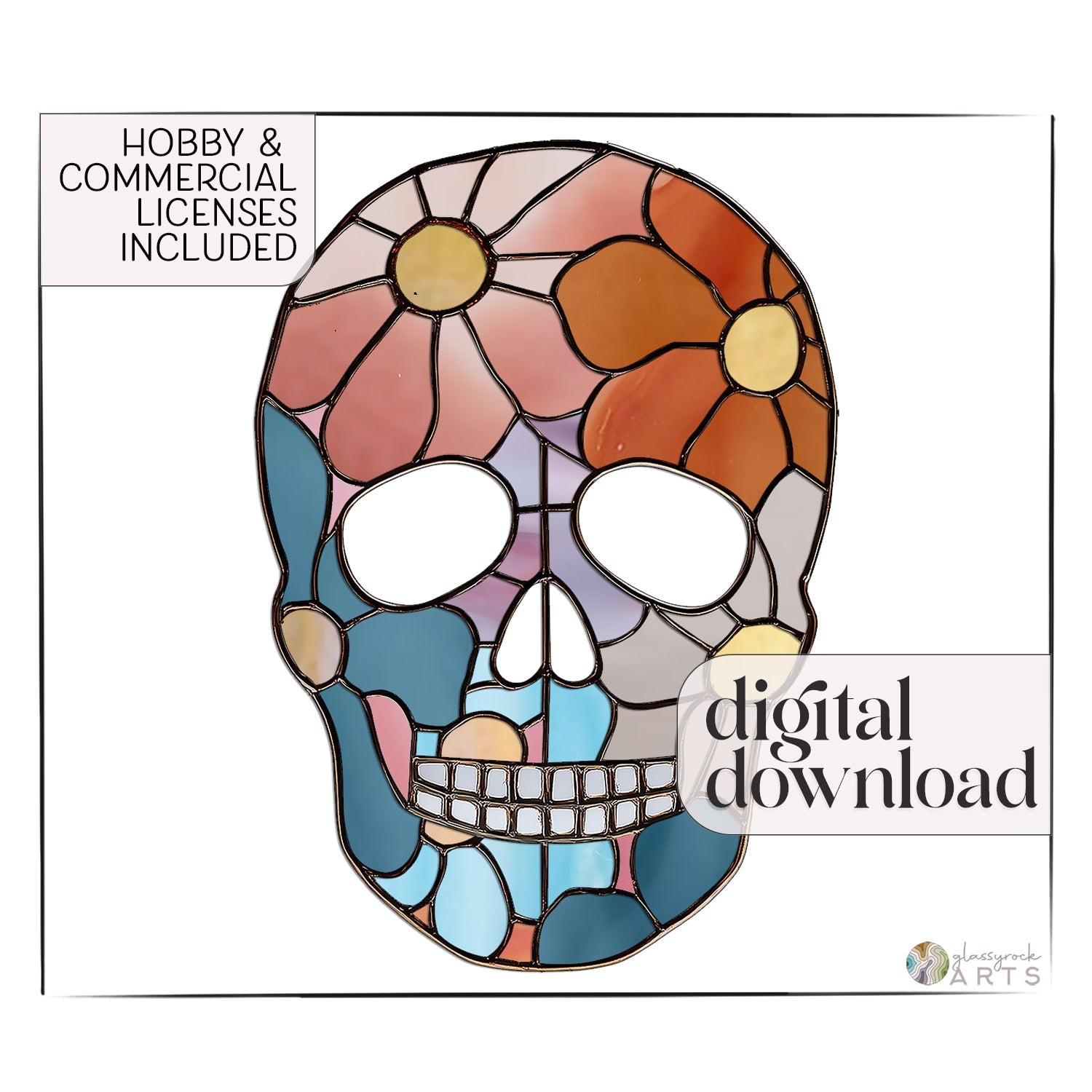 Flower Skull Stained Glass Pattern and PNG