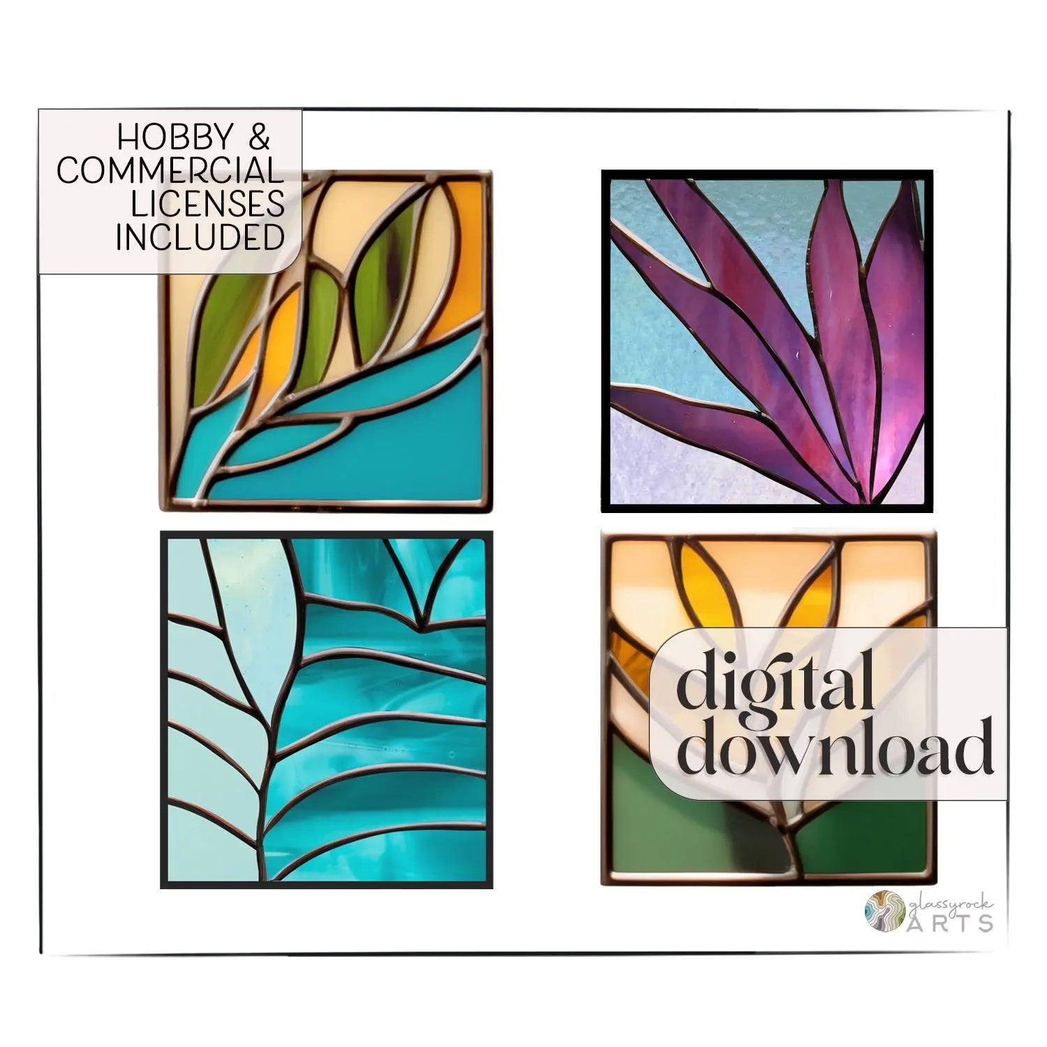Modern Leaves Stained Glass Plant Pattern 4-Pack