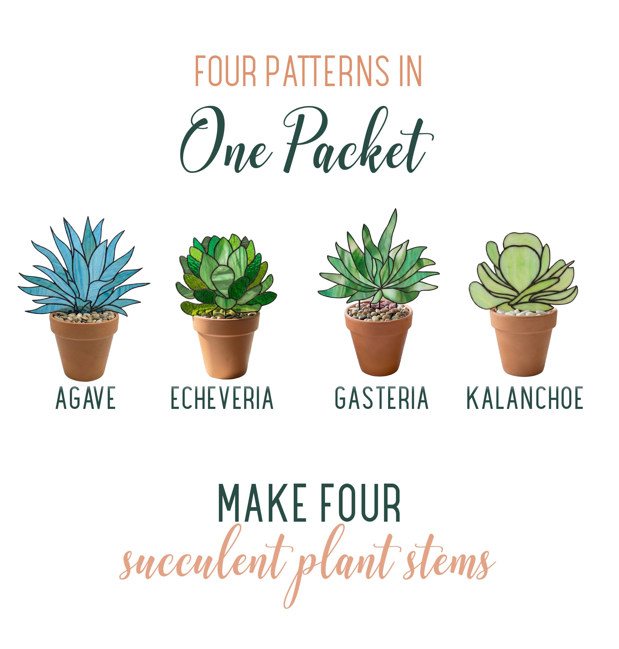 Stained Glass Succulent Stems Pattern Pack of 4 PDF & PNG