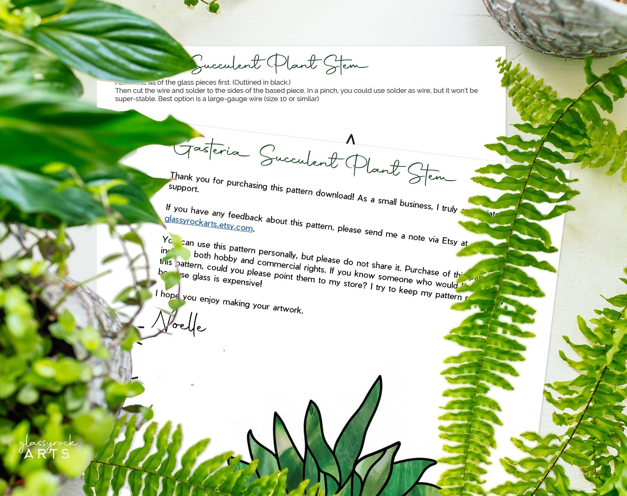 Stained Glass Succulent Stems Pattern Pack of 4 PDF & PNG