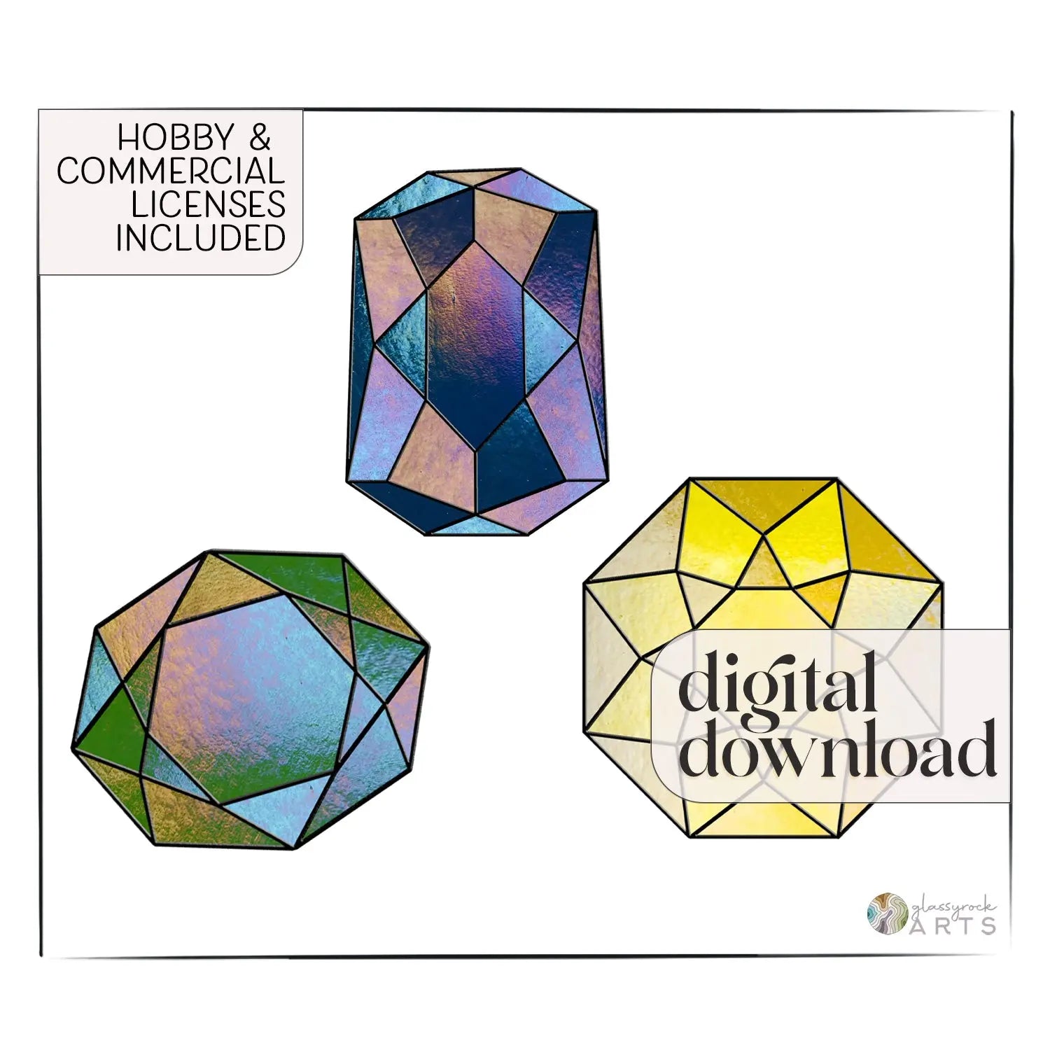 Faceted Gems Stained Glass Patterns, 3-Pack